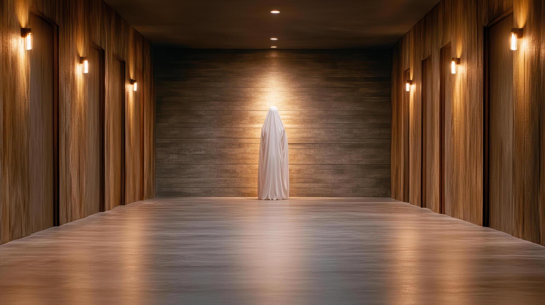 A long hallway with a white dress in the middle photo