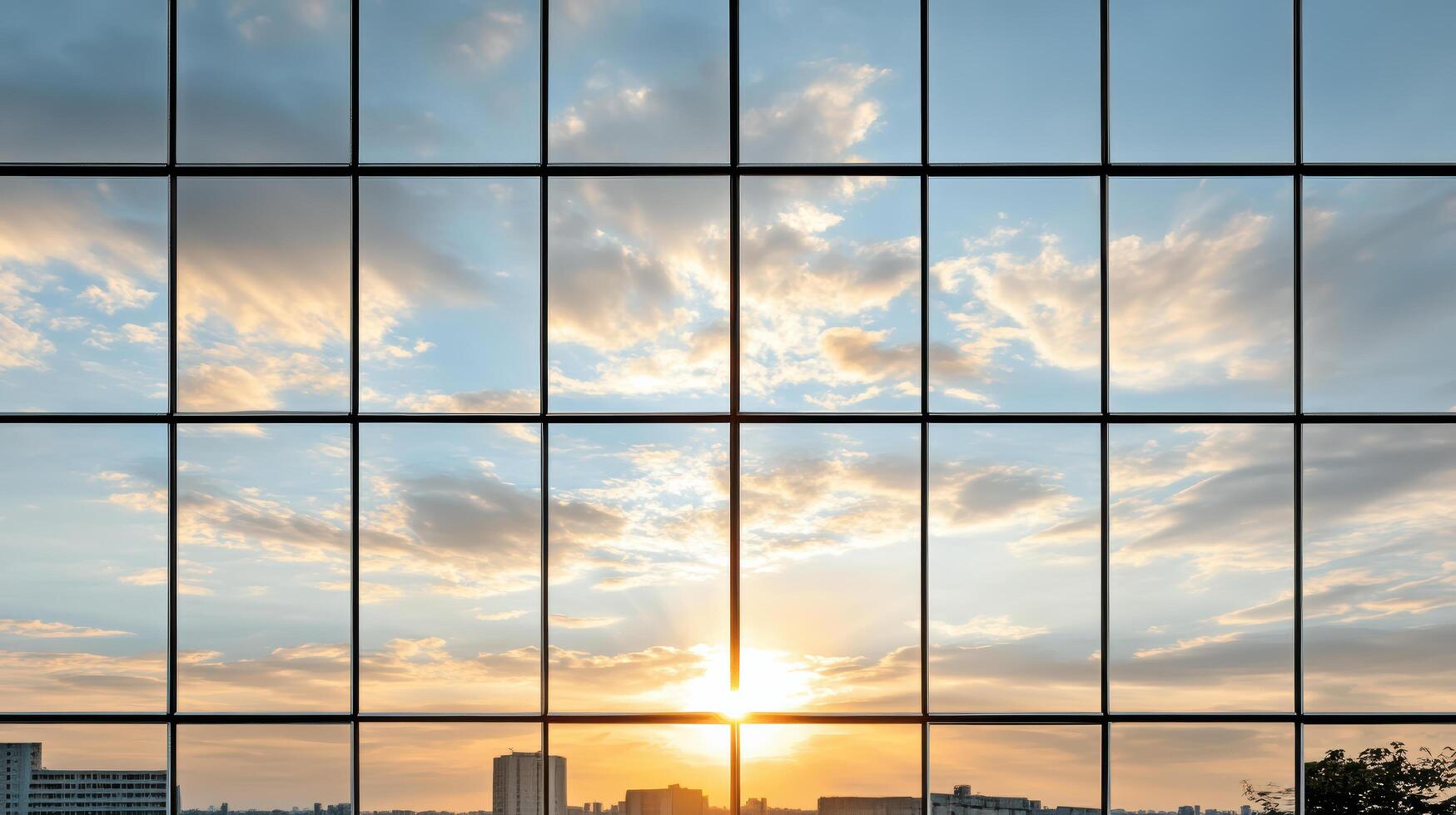A view of the sun setting through a glass building photo