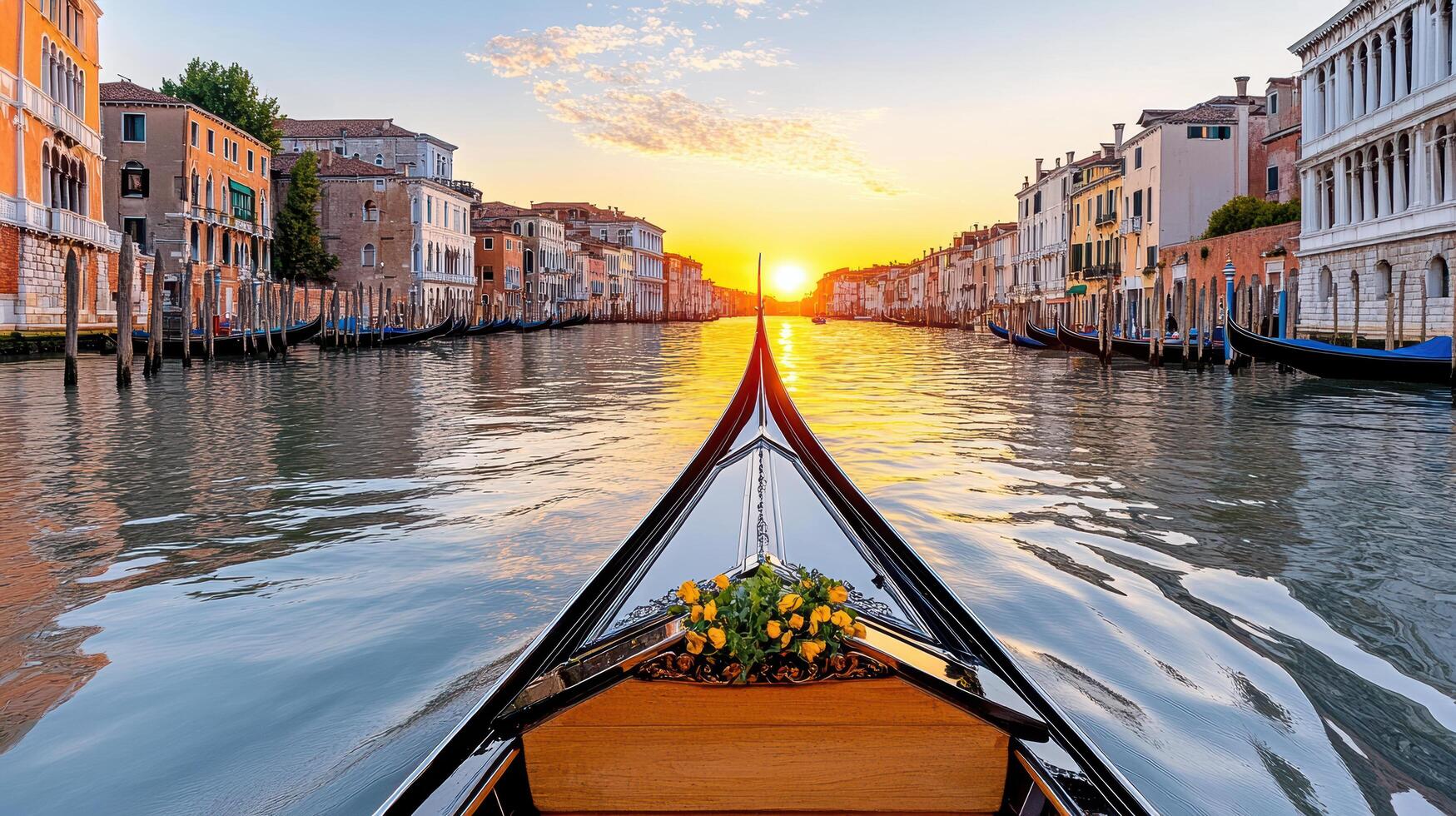 A gondola is traveling down a canal at sunset photo