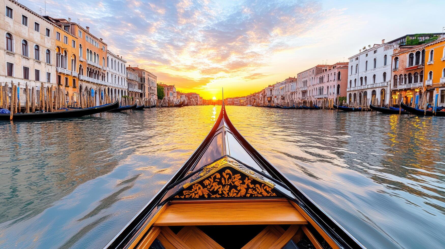 A gondola is on the water at sunset photo