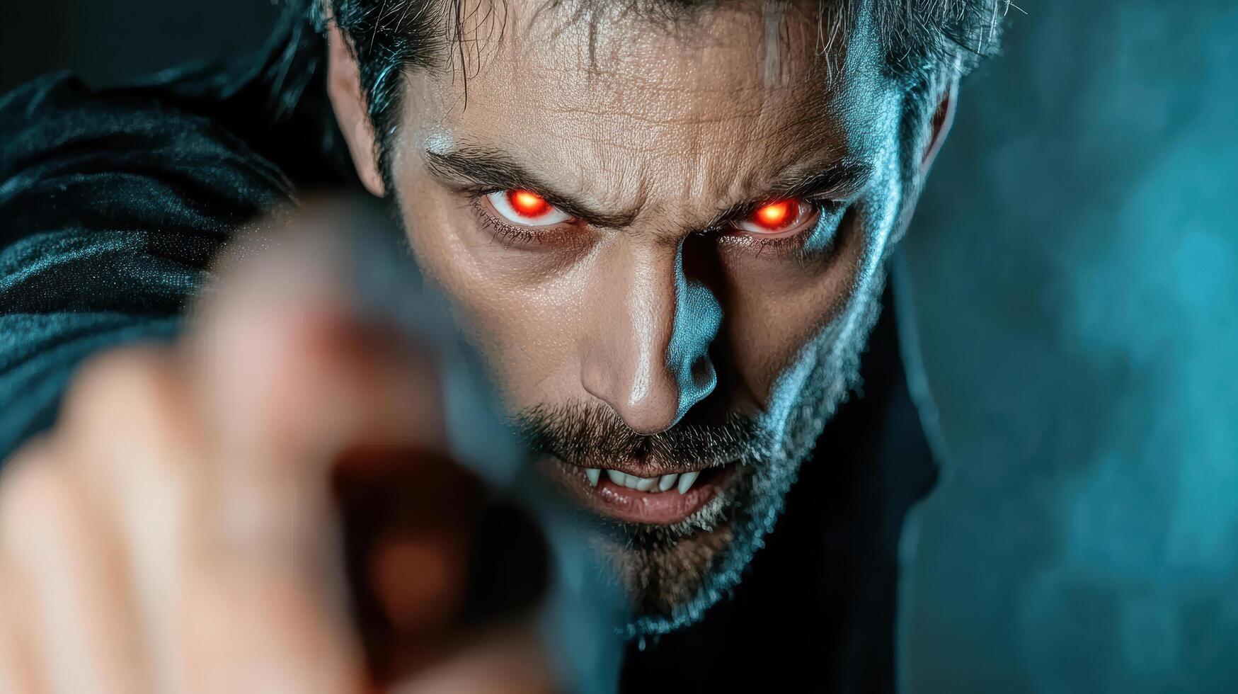 A man with red eyes pointing at something photo