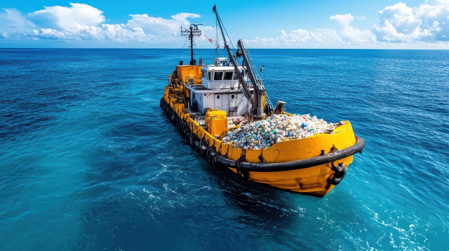 A yellow tug boat in the ocean with a lot of garbage photo