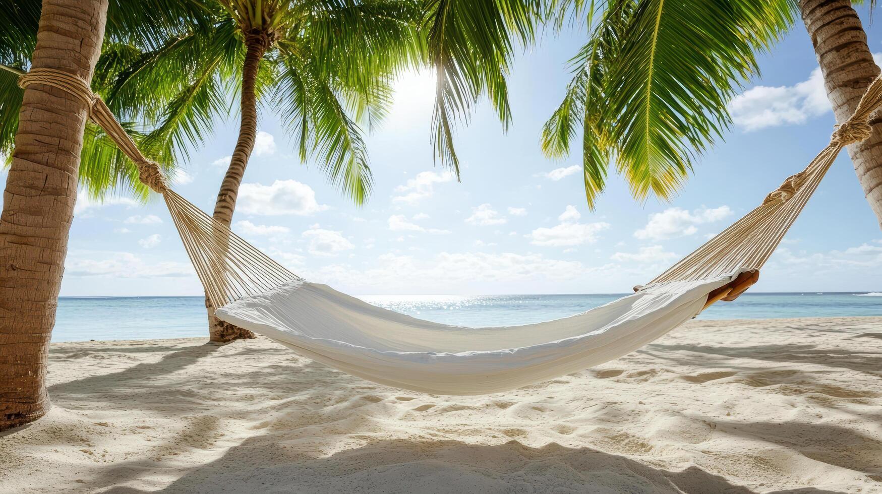 A hammock on a tropical beach with palm trees photo