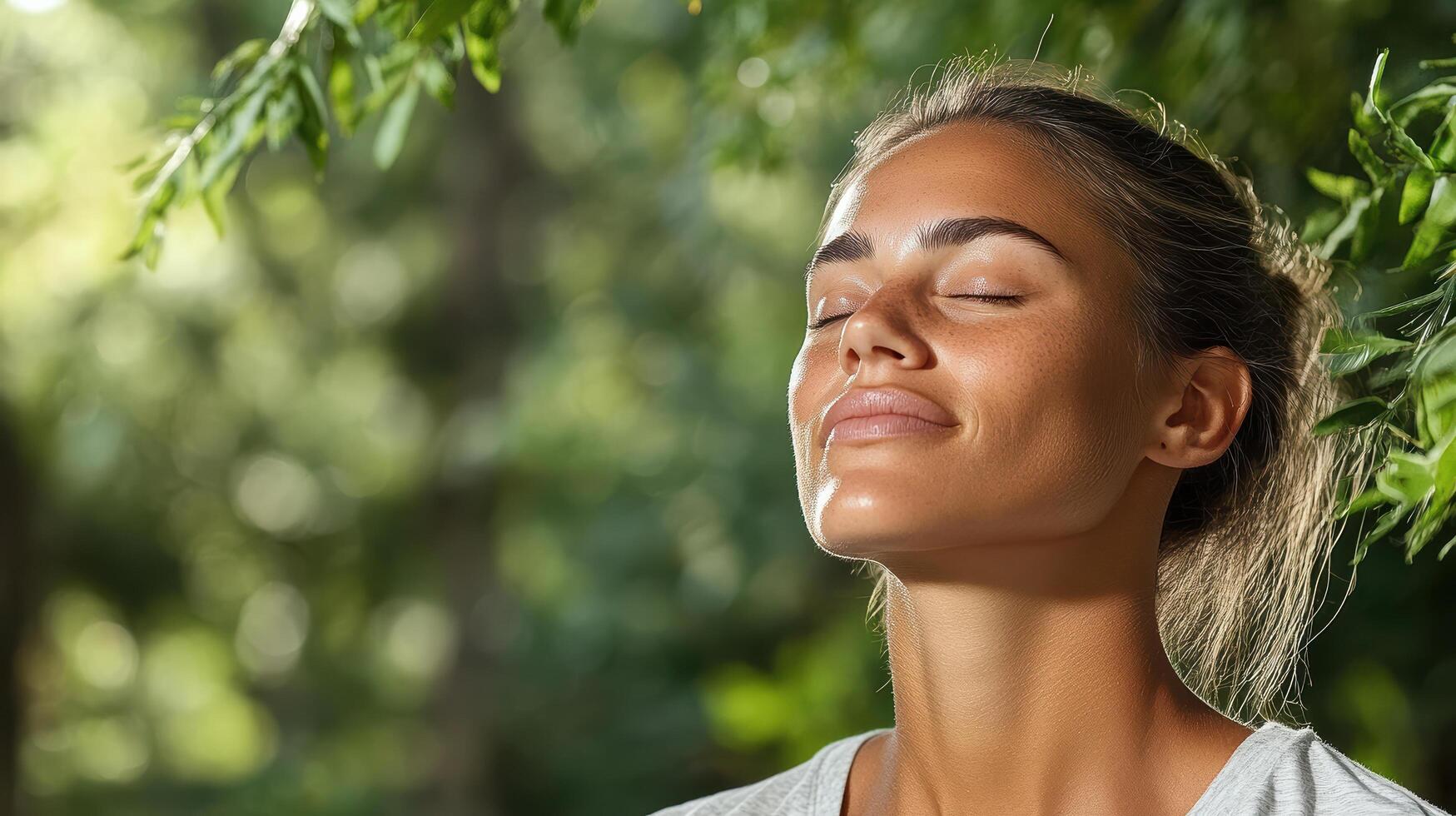 A woman is breathing deeply in the park photo