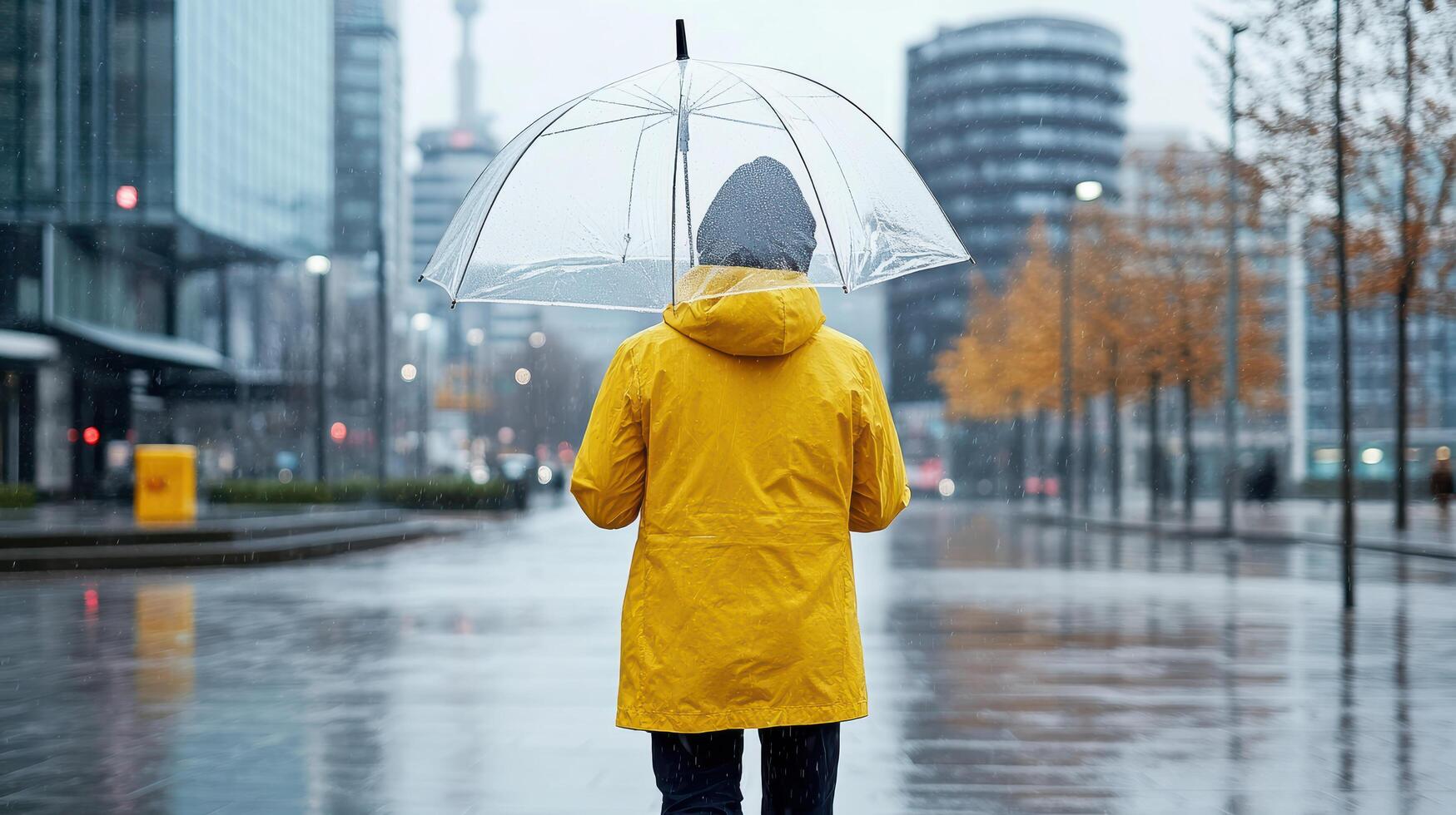 A person in a yellow raincoat holding an umbrella photo