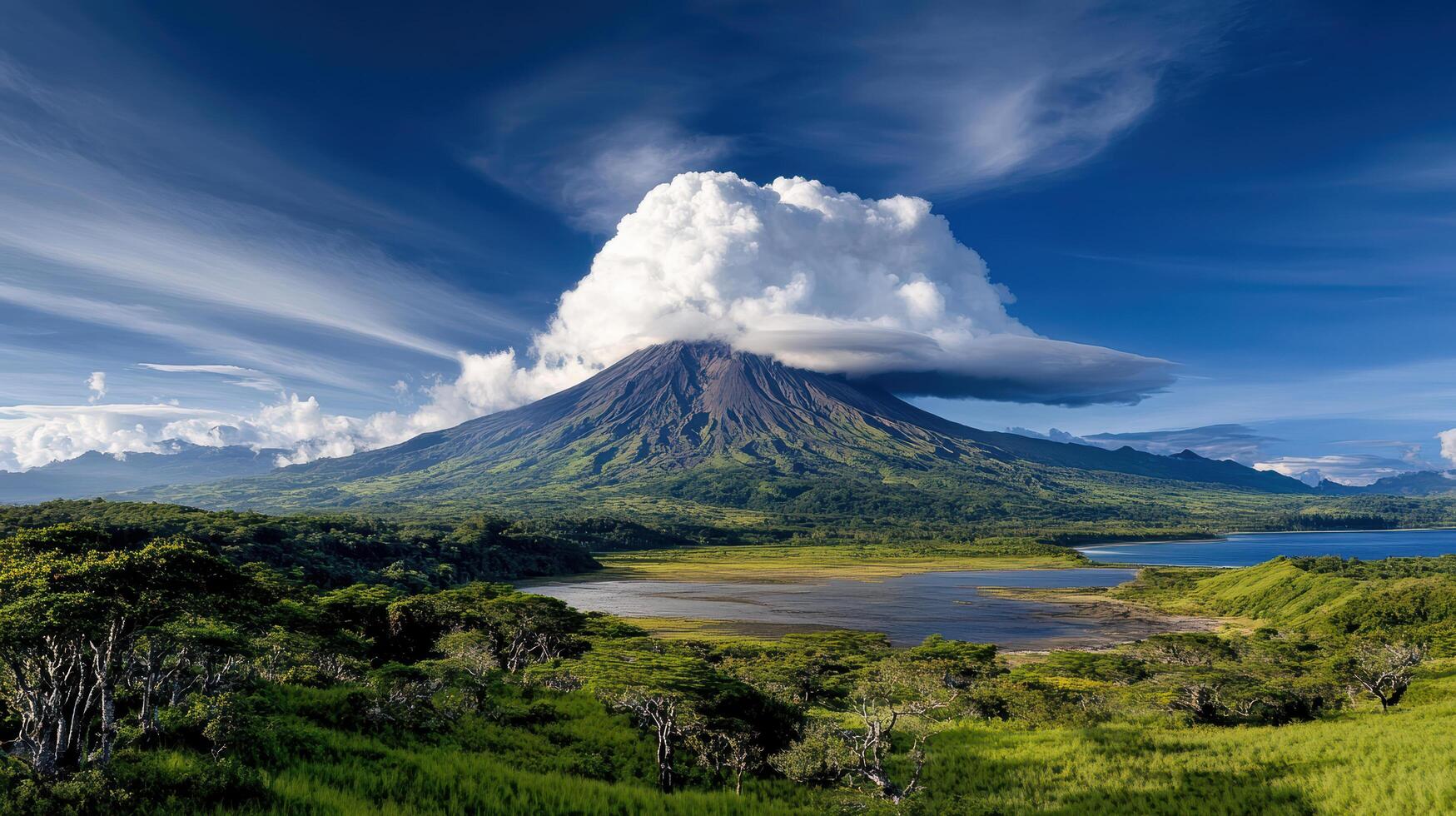 Volcano in the background, with clouds in the sky photo