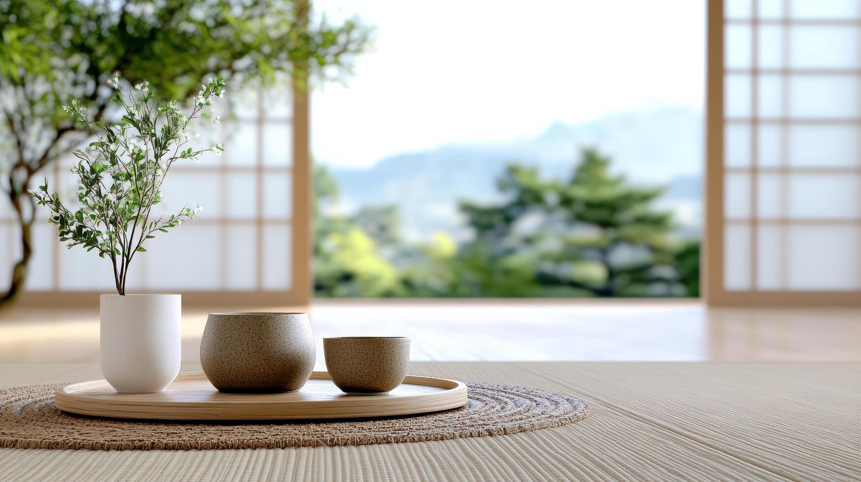 A table with two cups and a plant on it photo