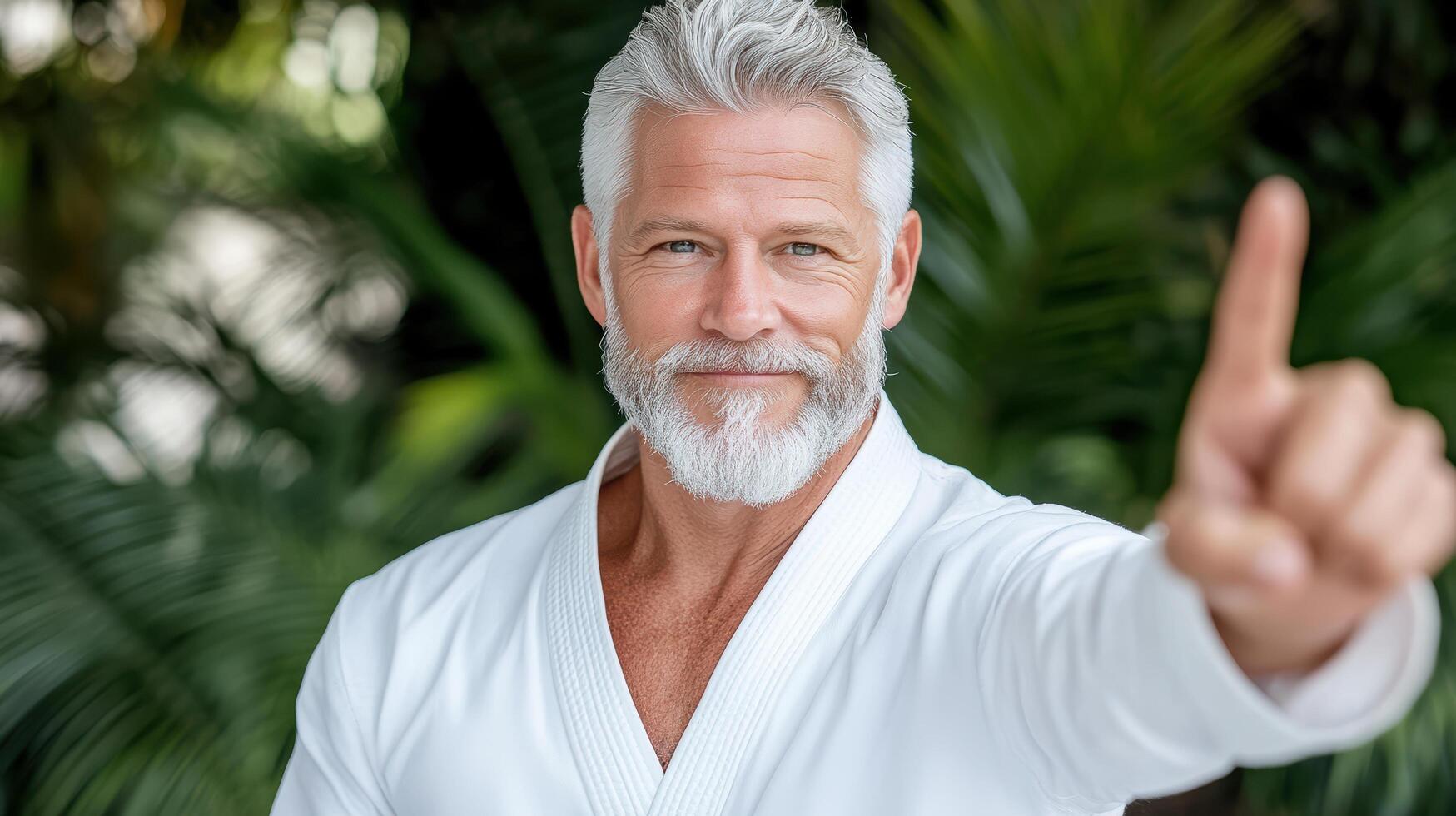 An older man with a white beard and white shirt is pointing at something photo