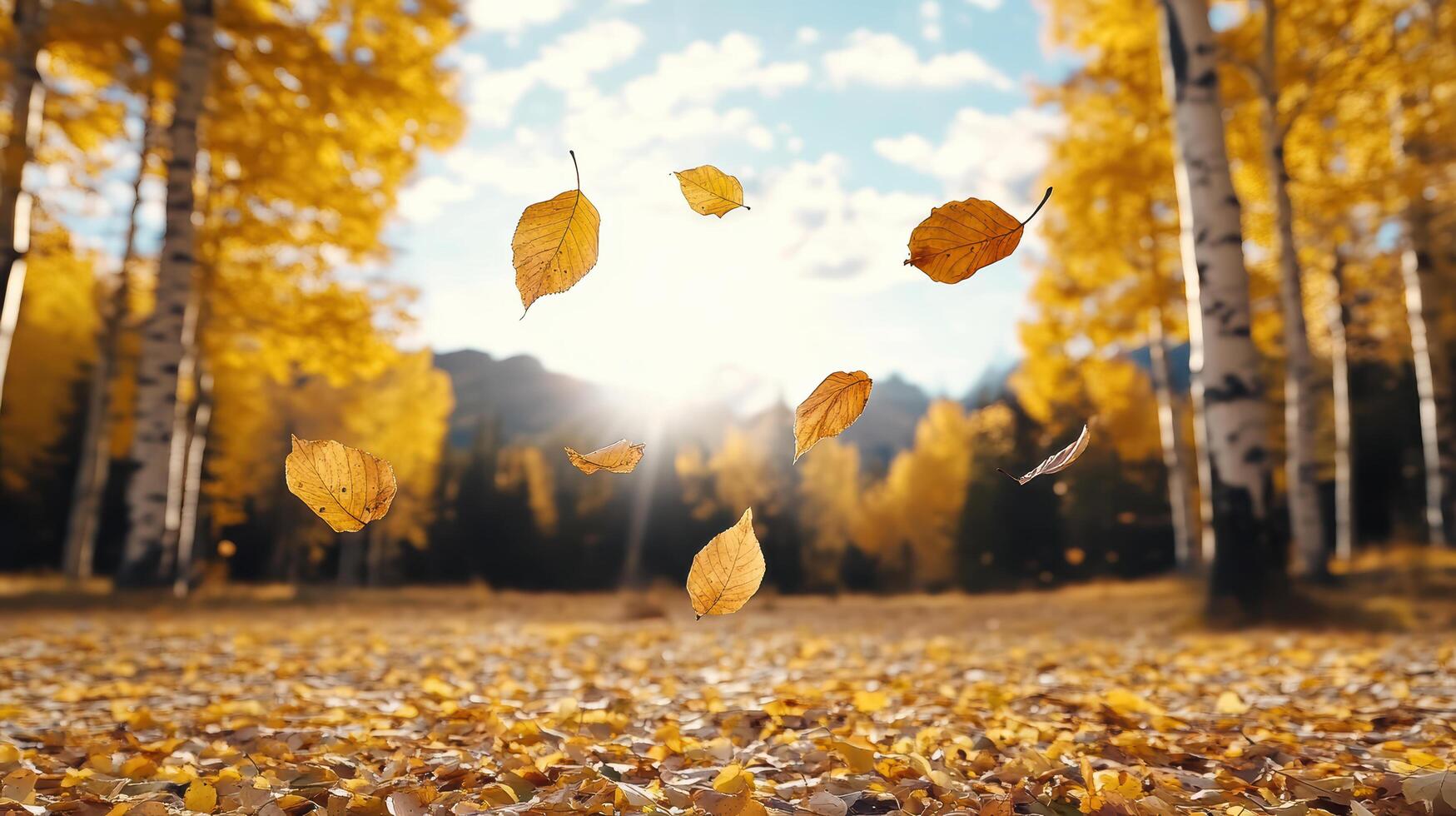Autumn leaves falling in the air in front of a forest photo