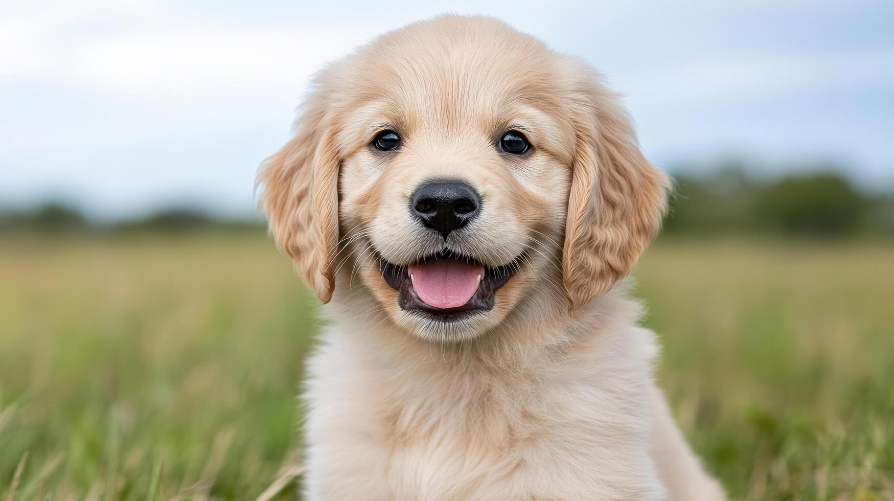 A golden retriever puppy sitting in the grass photo