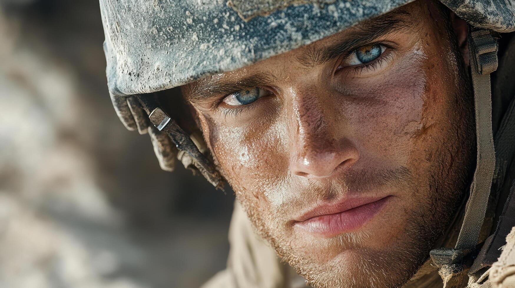 A soldier with blue eyes and a helmet photo