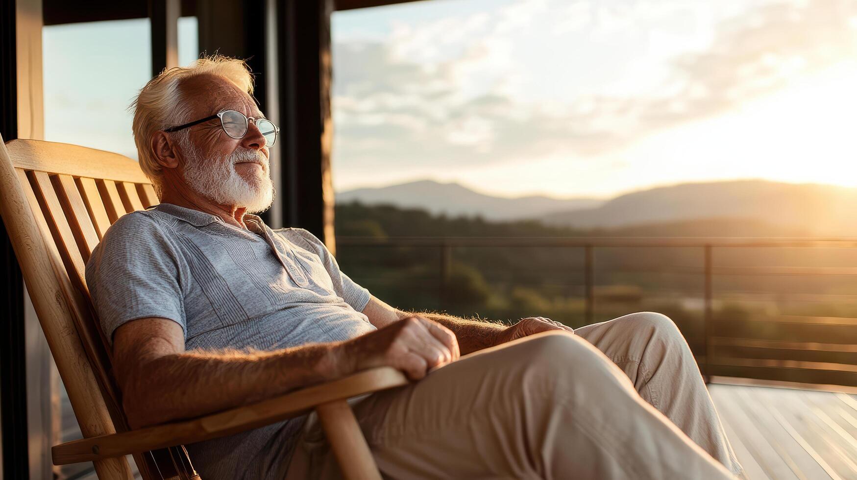 An older man sitting in a rocking chair on a porch photo