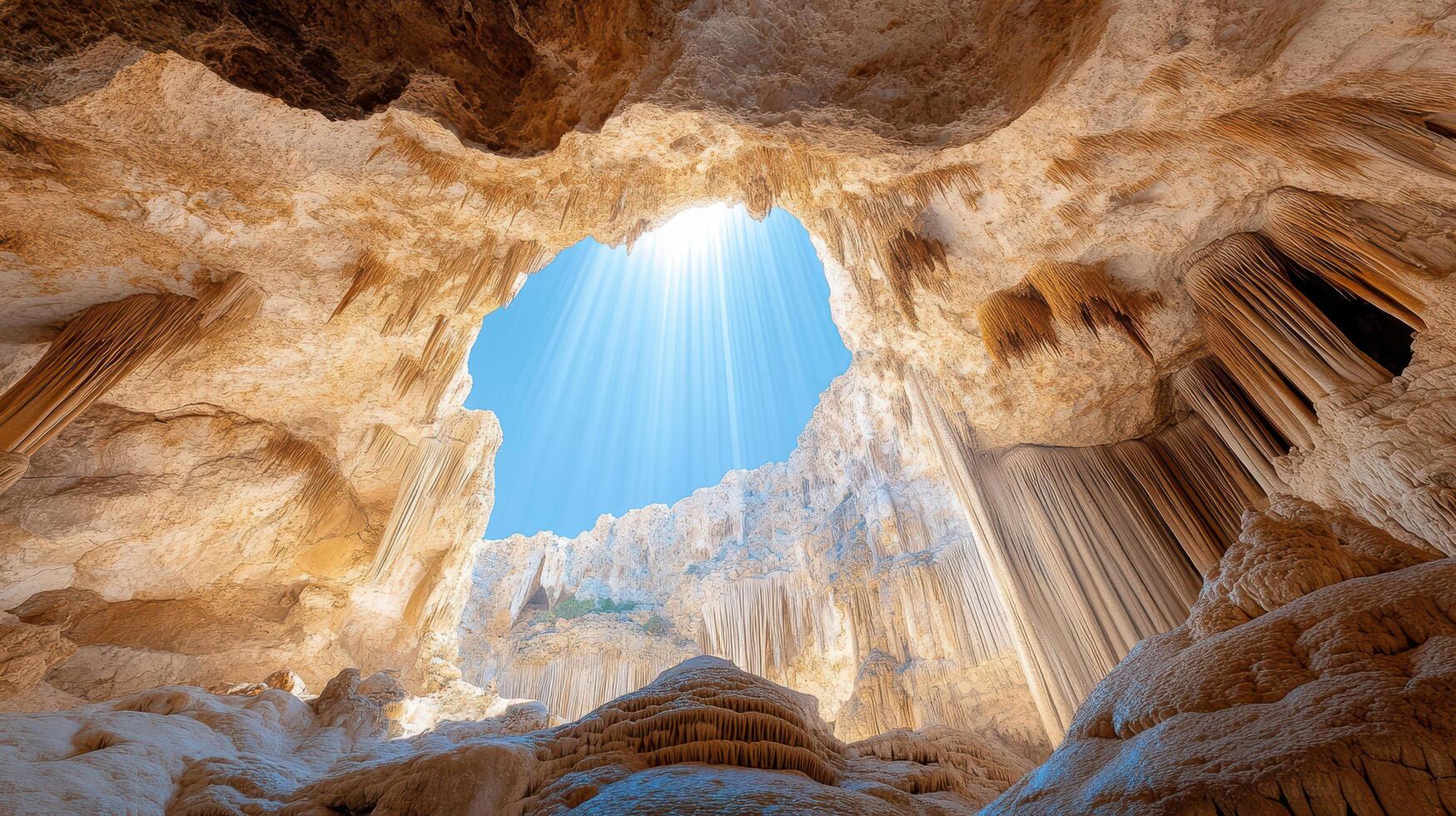 The sun shines through the cave in a cave photo