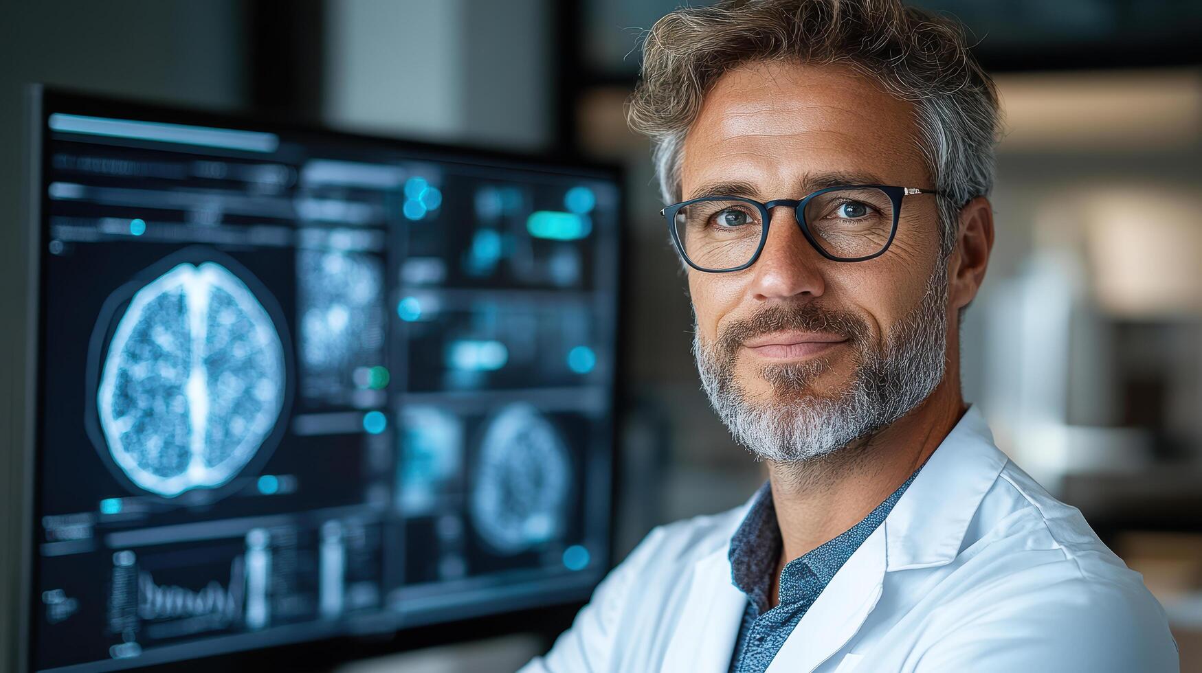 A man in glasses and a lab coat is standing in front of a computer screen photo