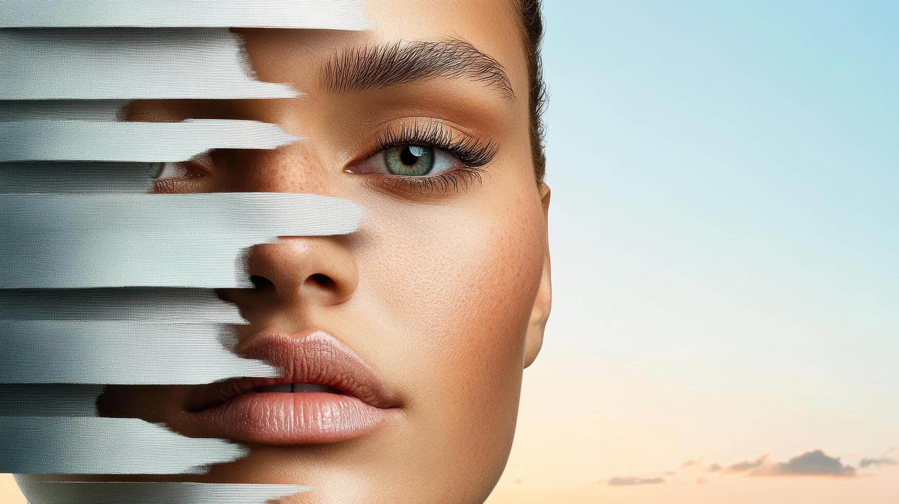 A woman's face is covered by torn paper photo