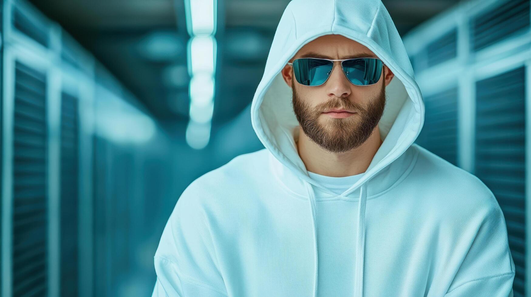 A man in a hoodie and sunglasses standing in front of a server room photo