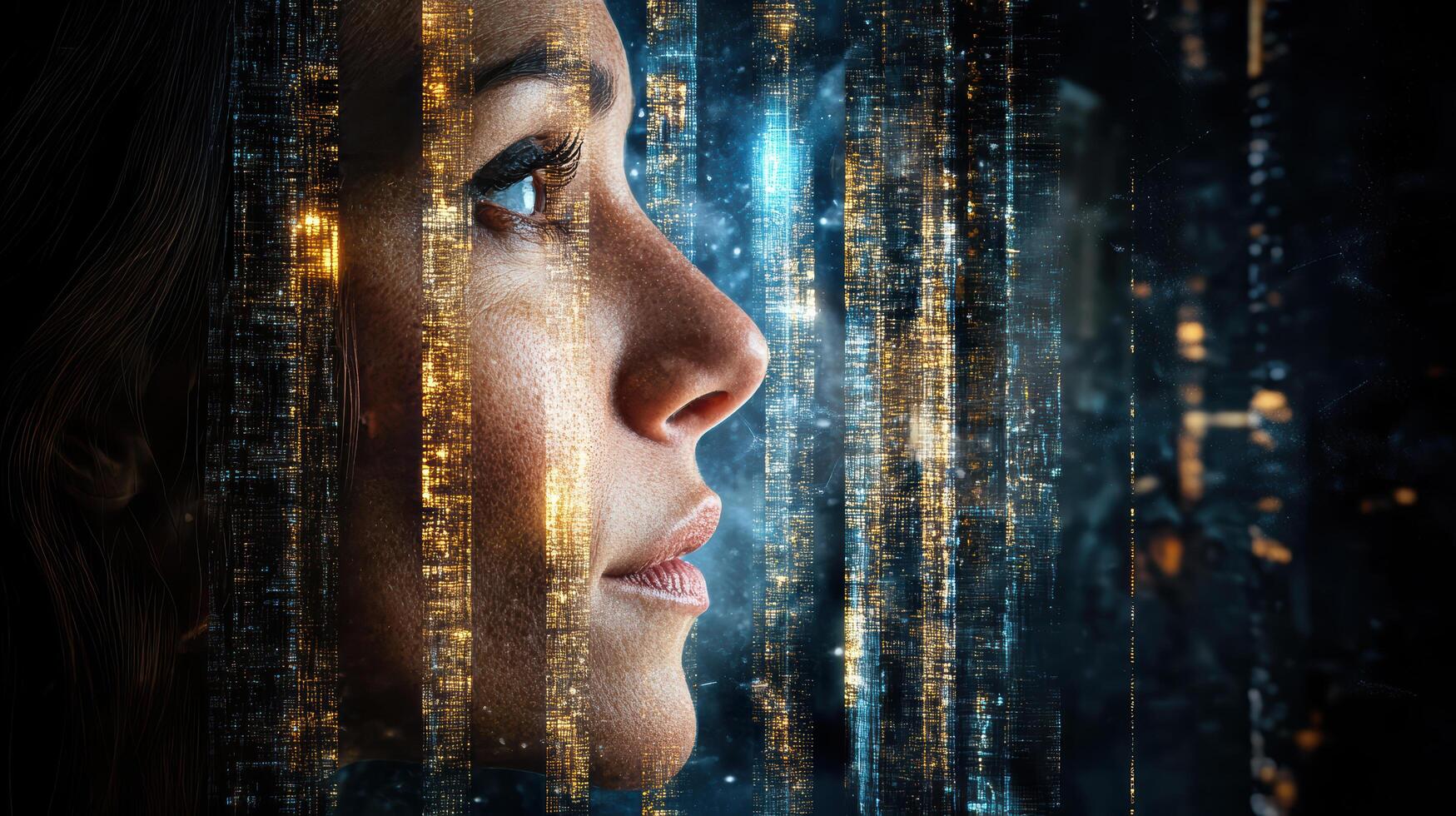 A woman looking into the distance with a binary code photo