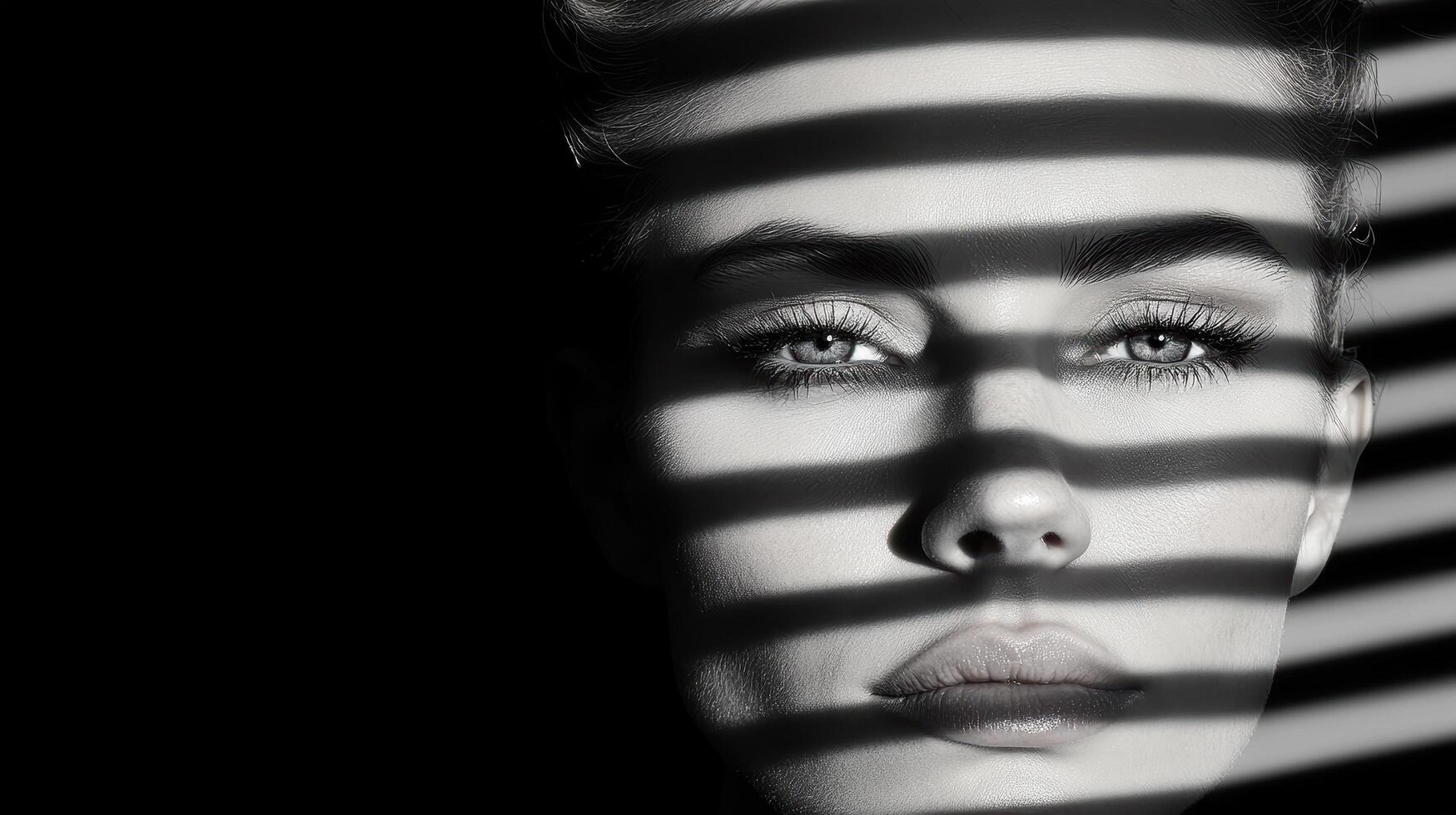 A woman with her eyes closed and blinds behind her photo