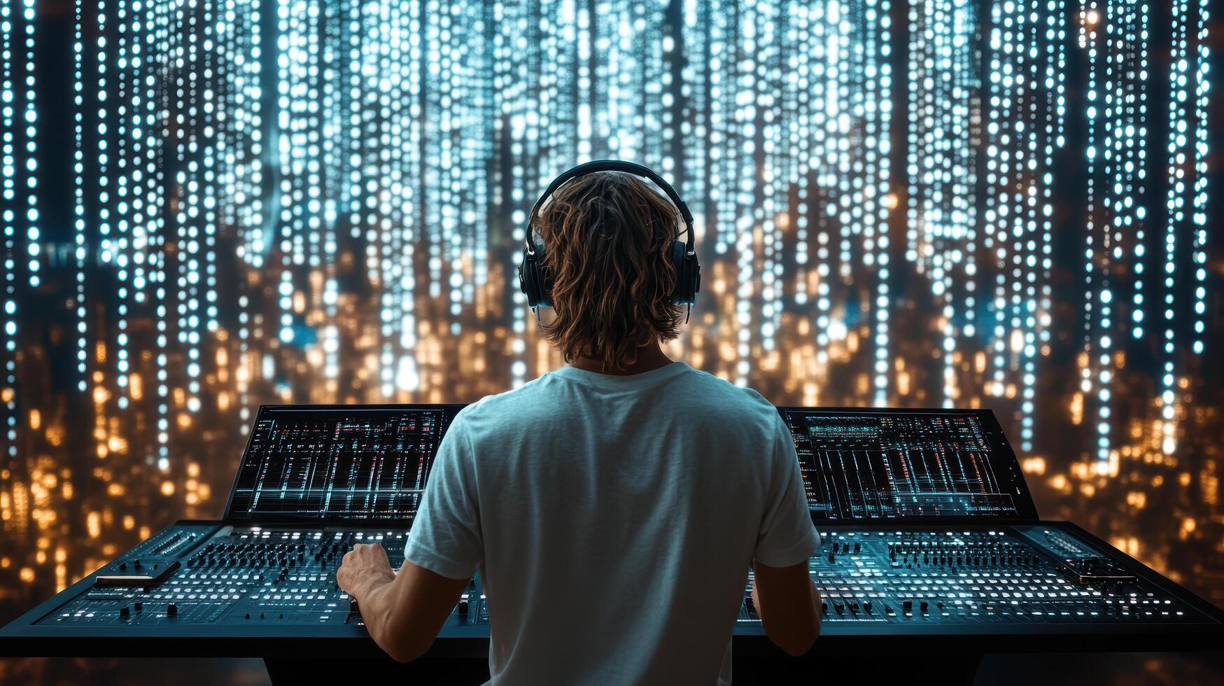 A man in headphones is sitting at a mixing board photo