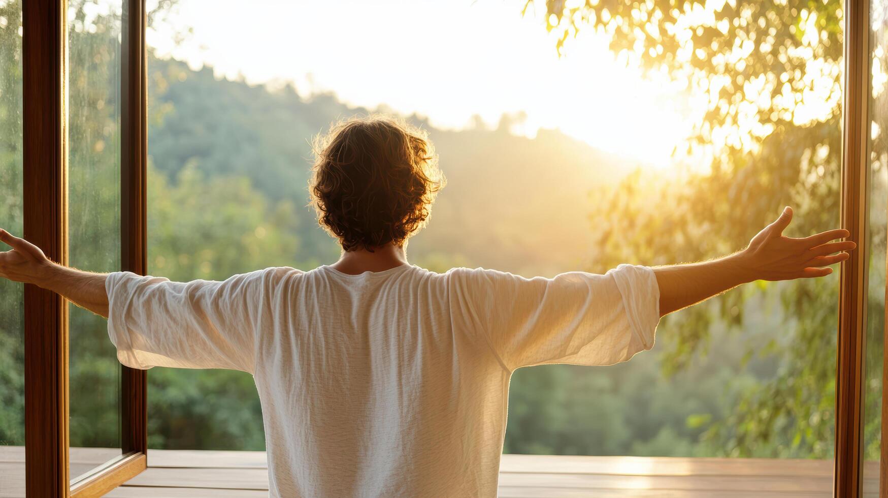 A man standing in front of a window with his arms outstretched photo