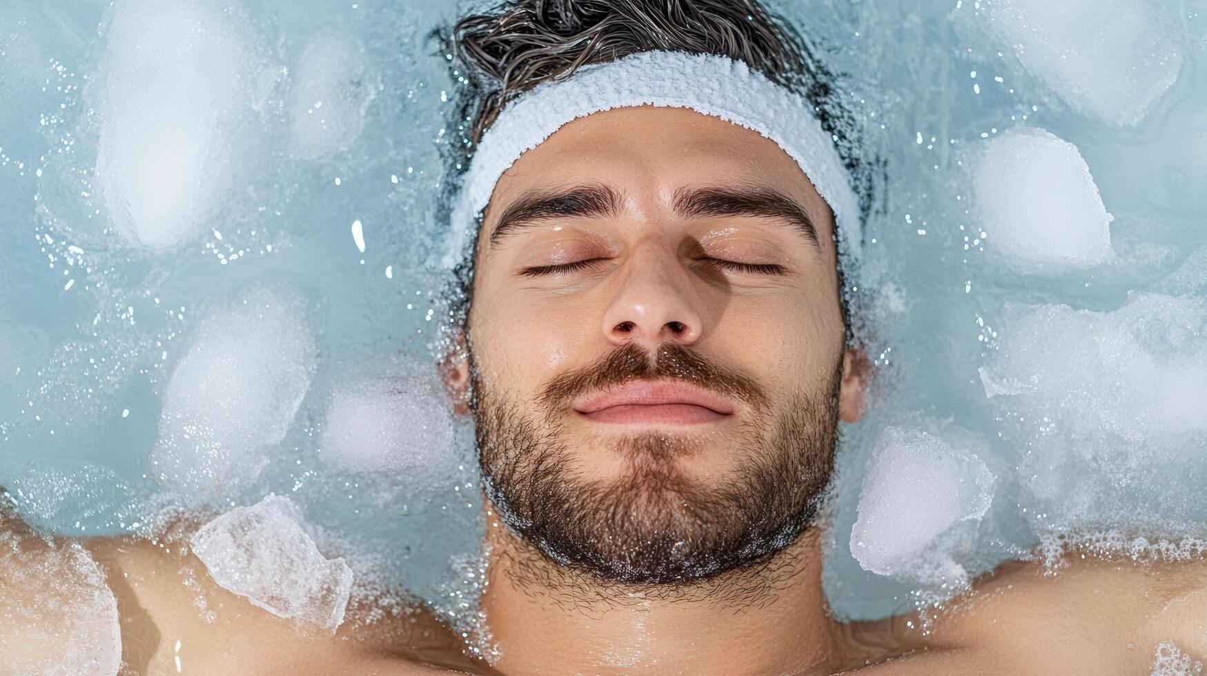 A man with a beard and headband in a hot tub photo