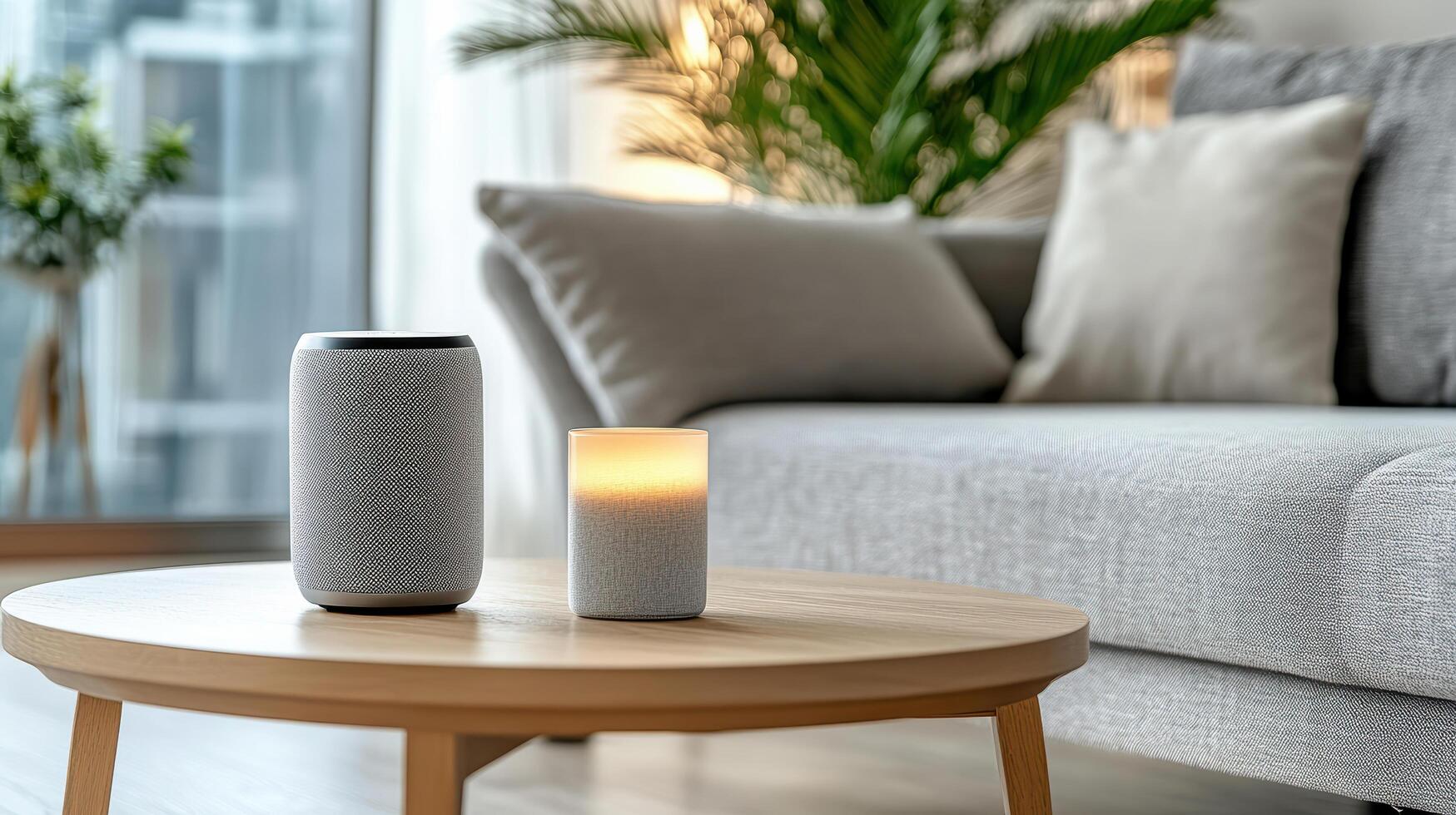 A smart speaker and a candle sit on a table photo