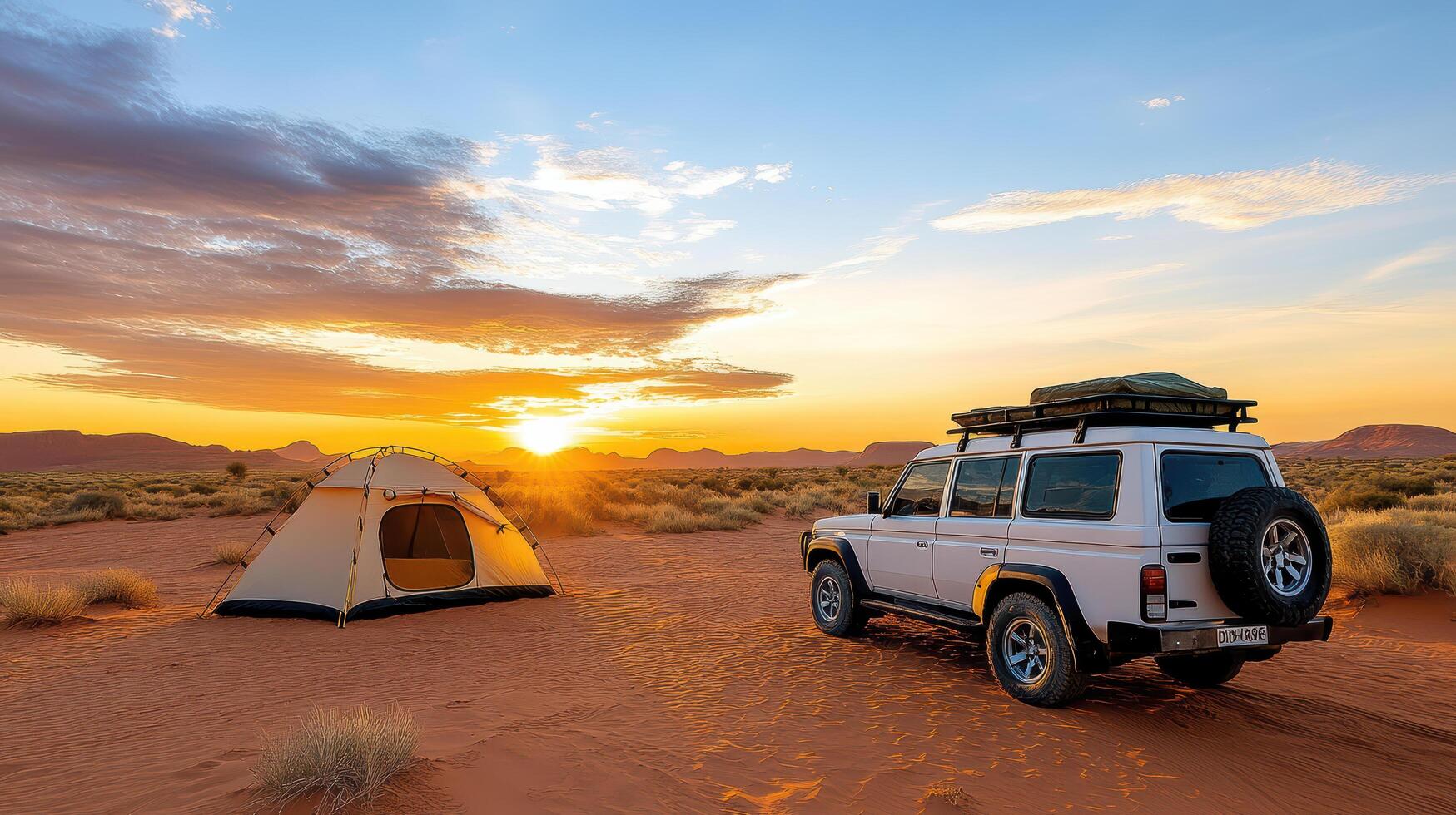 A white suv parked in the desert with a tent photo