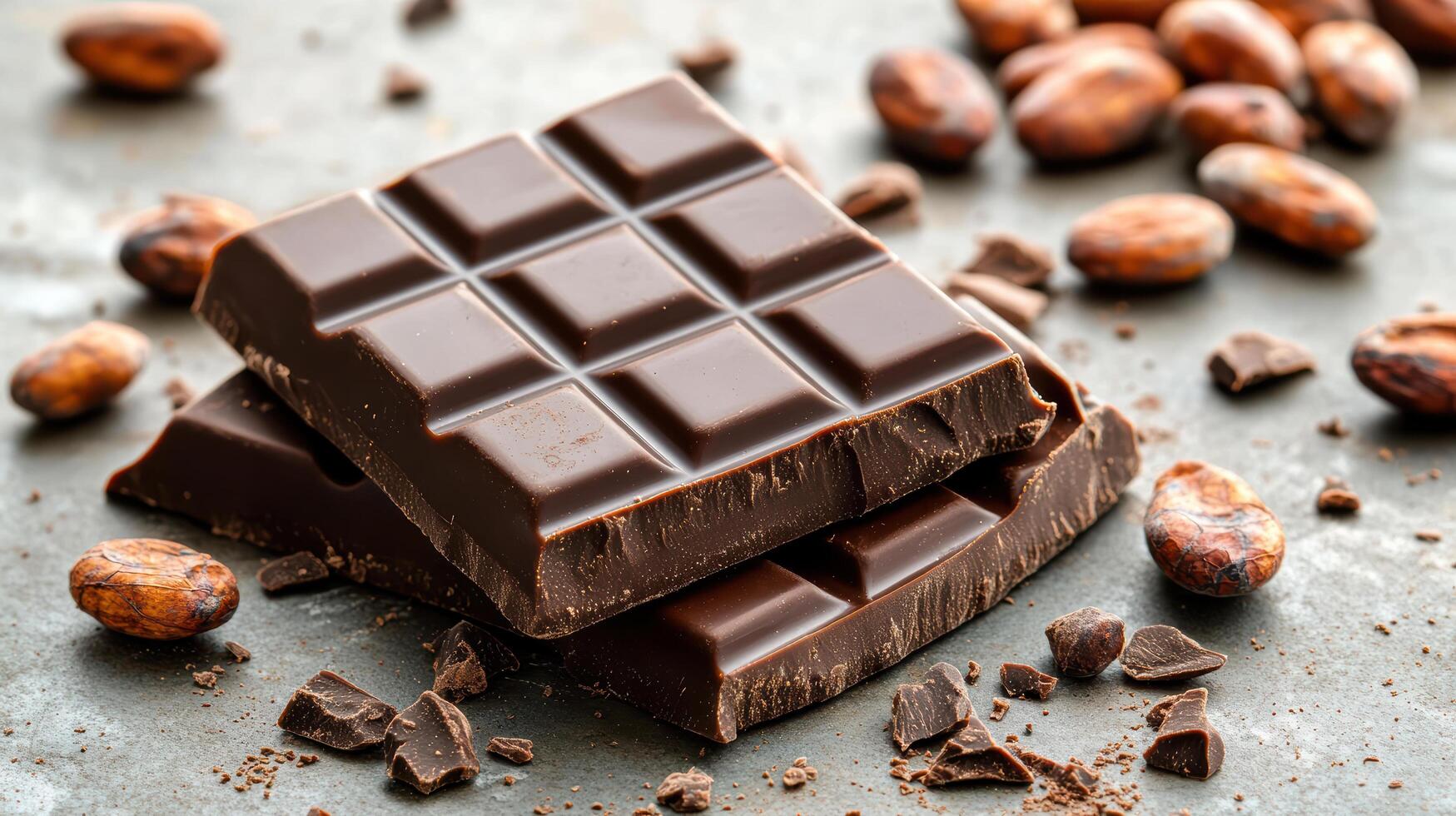 Chocolate bar with cocoa beans and chocolate chips photo