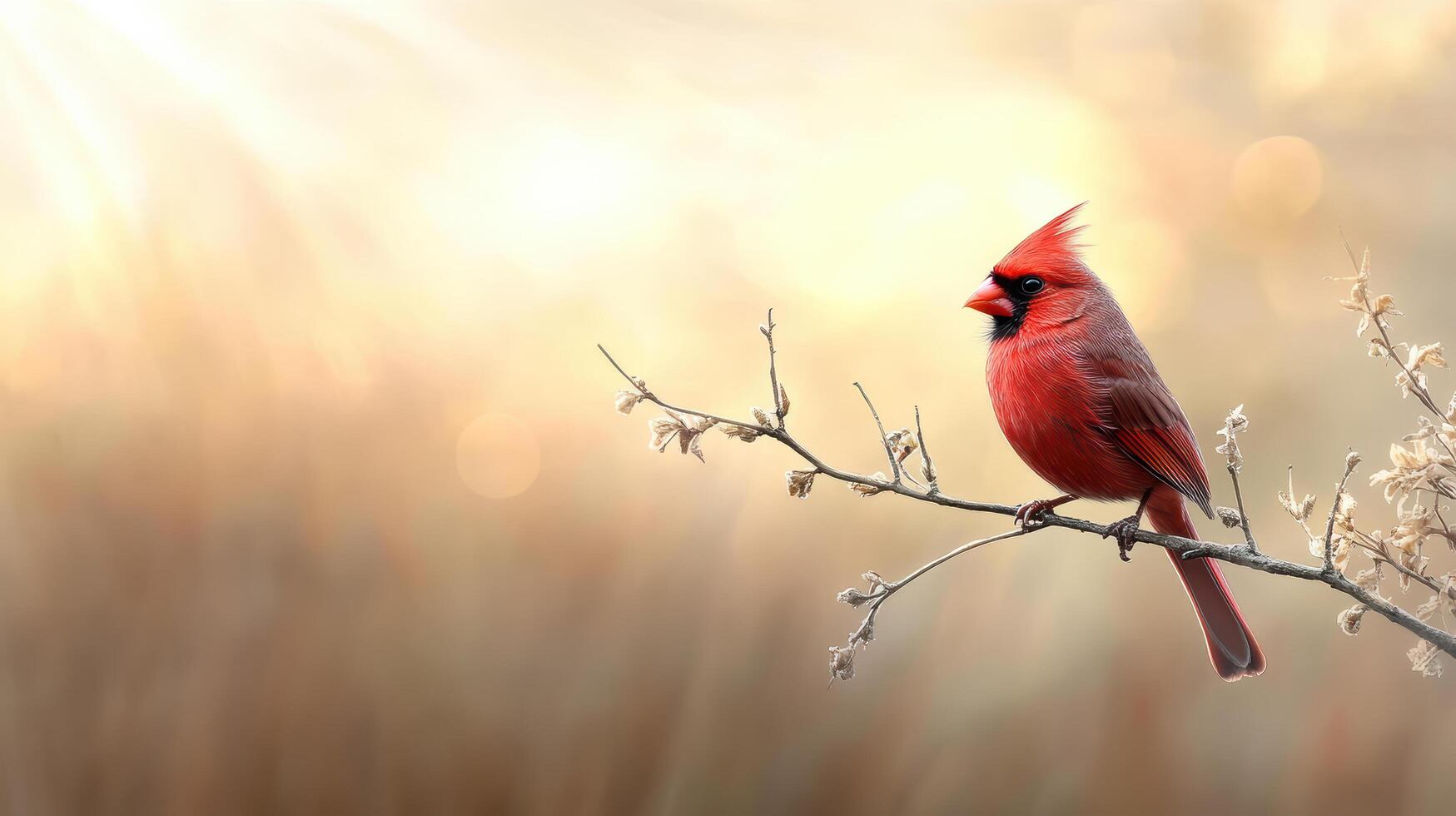A red bird is sitting on a branch photo