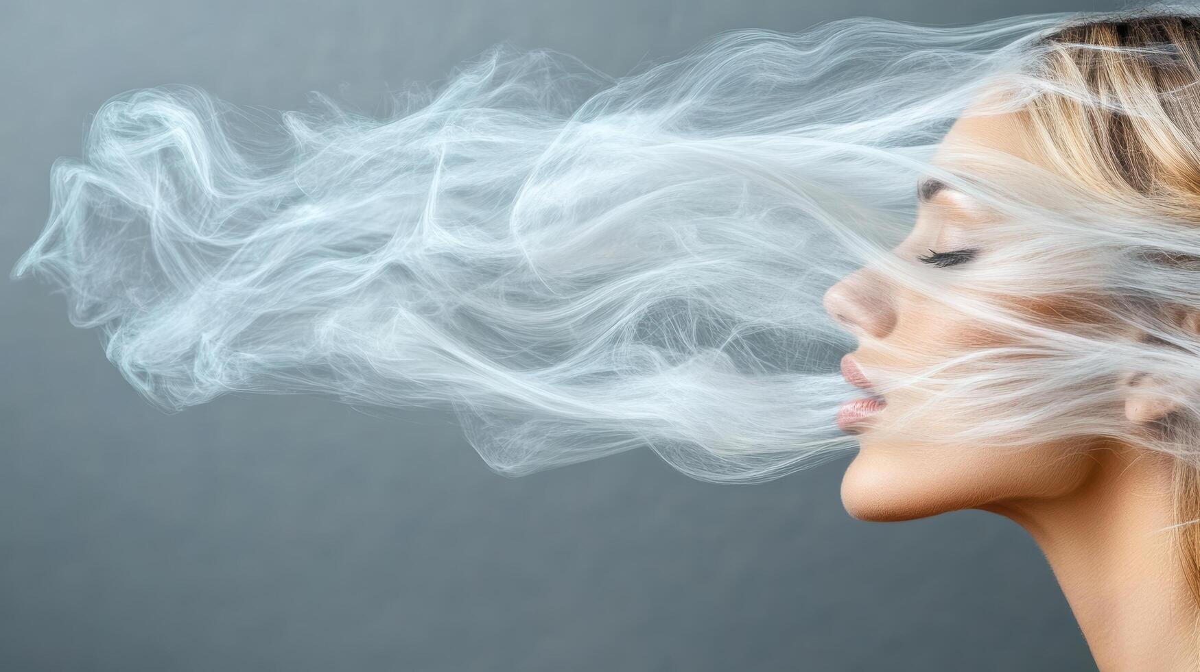 A woman with smoke coming out of her mouth photo
