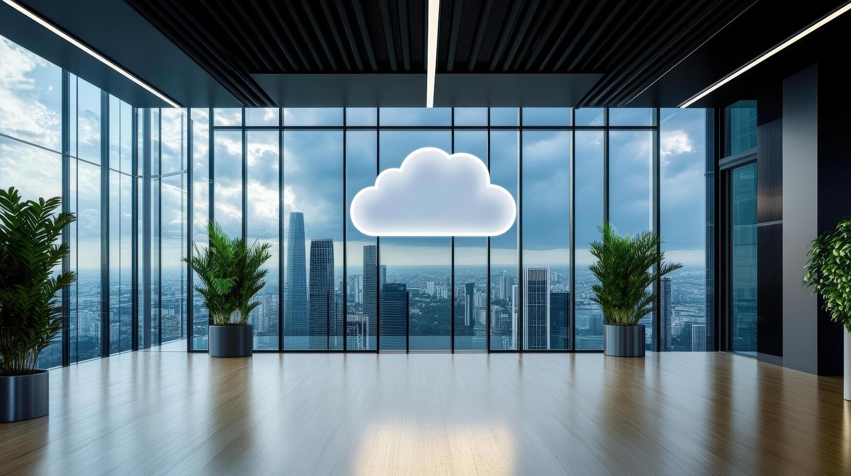 A cloud computing company logo is displayed in front of a large window photo