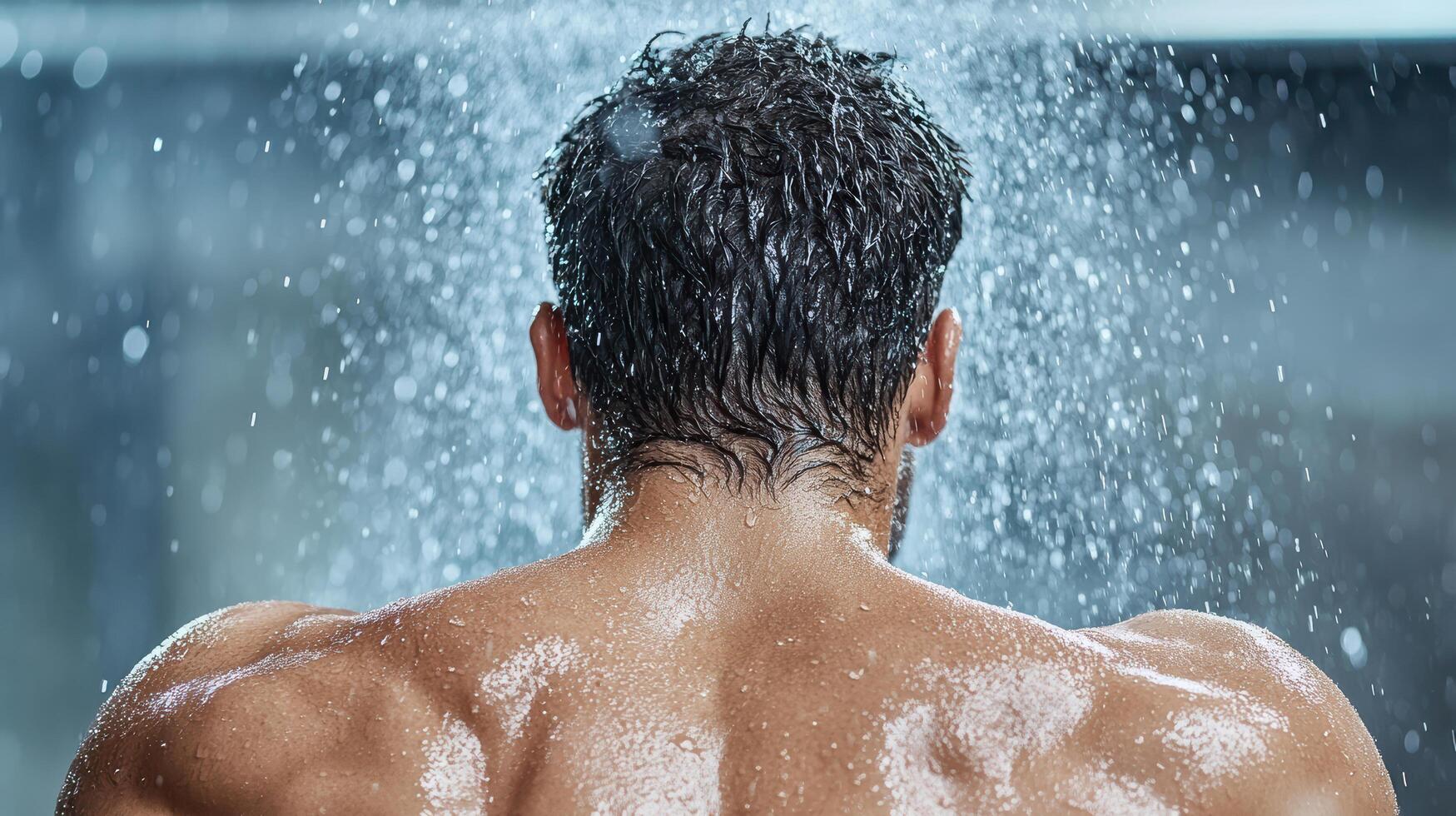 A man is standing in a shower with water running down his back photo
