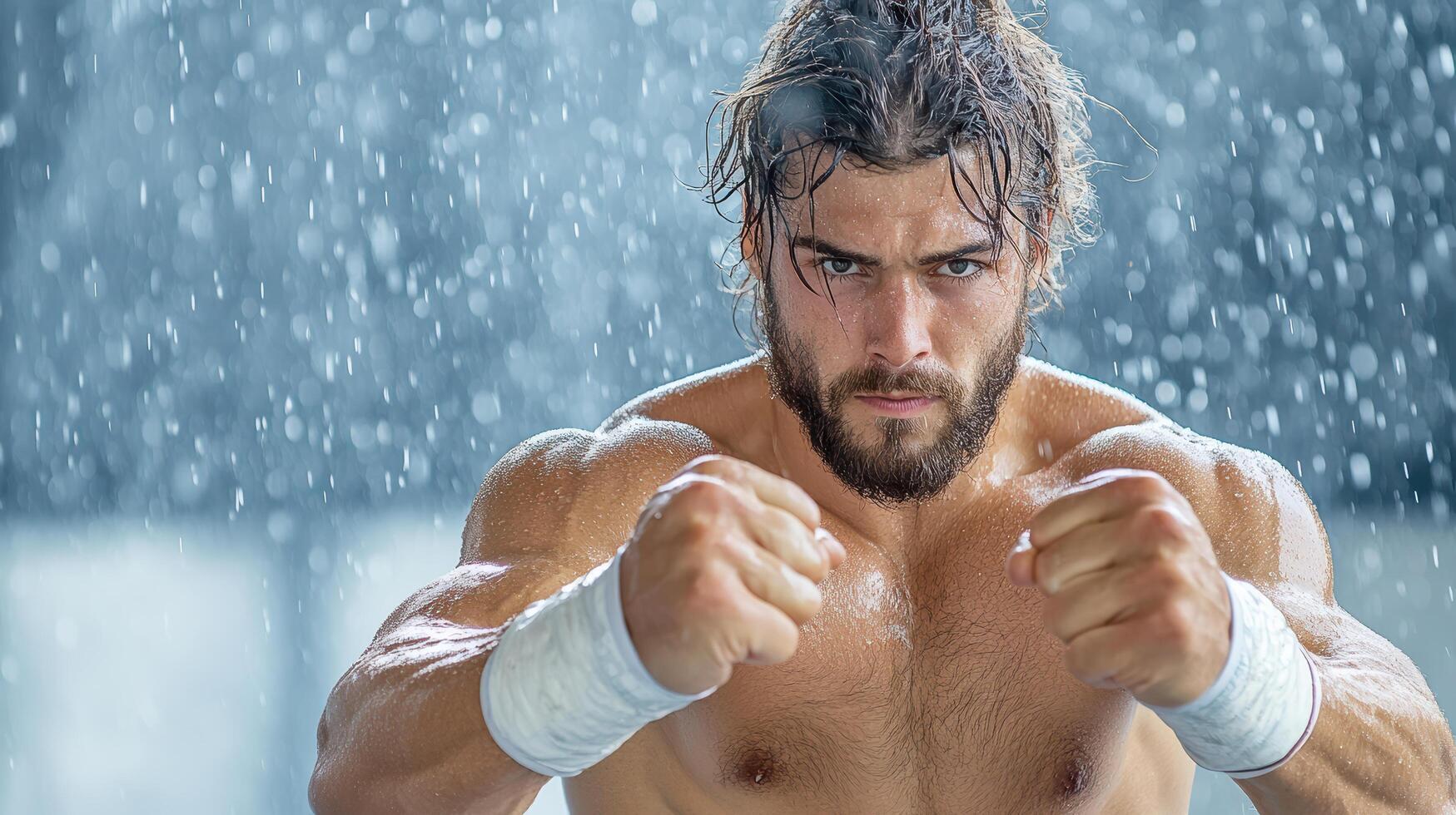 A man with a beard and a shirt on is in the rain photo