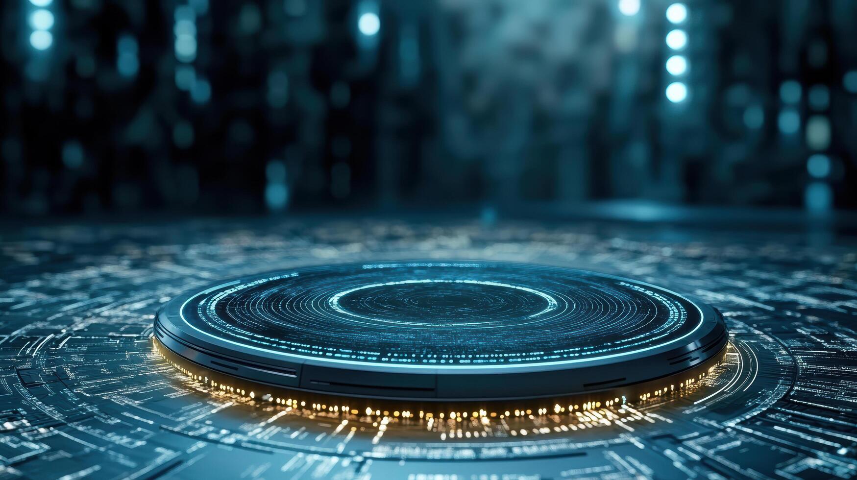 A futuristic circular object on a table with a glowing light photo