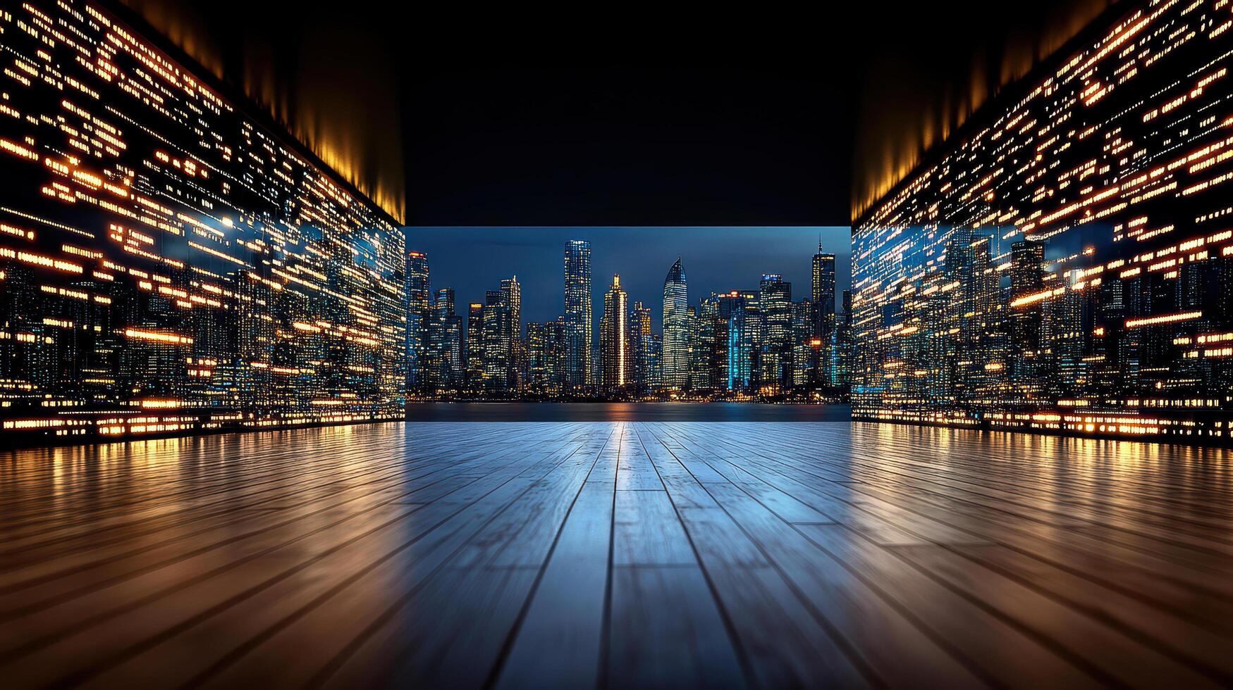 A dark room with a city skyline in the background photo