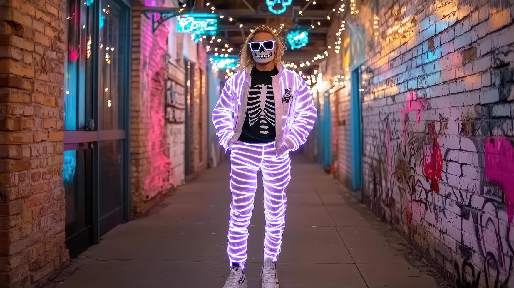 A woman wearing a skeleton costume stands in an alley photo