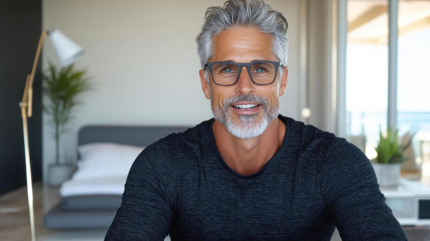 A man with glasses and a beard is sitting in front of a computer photo