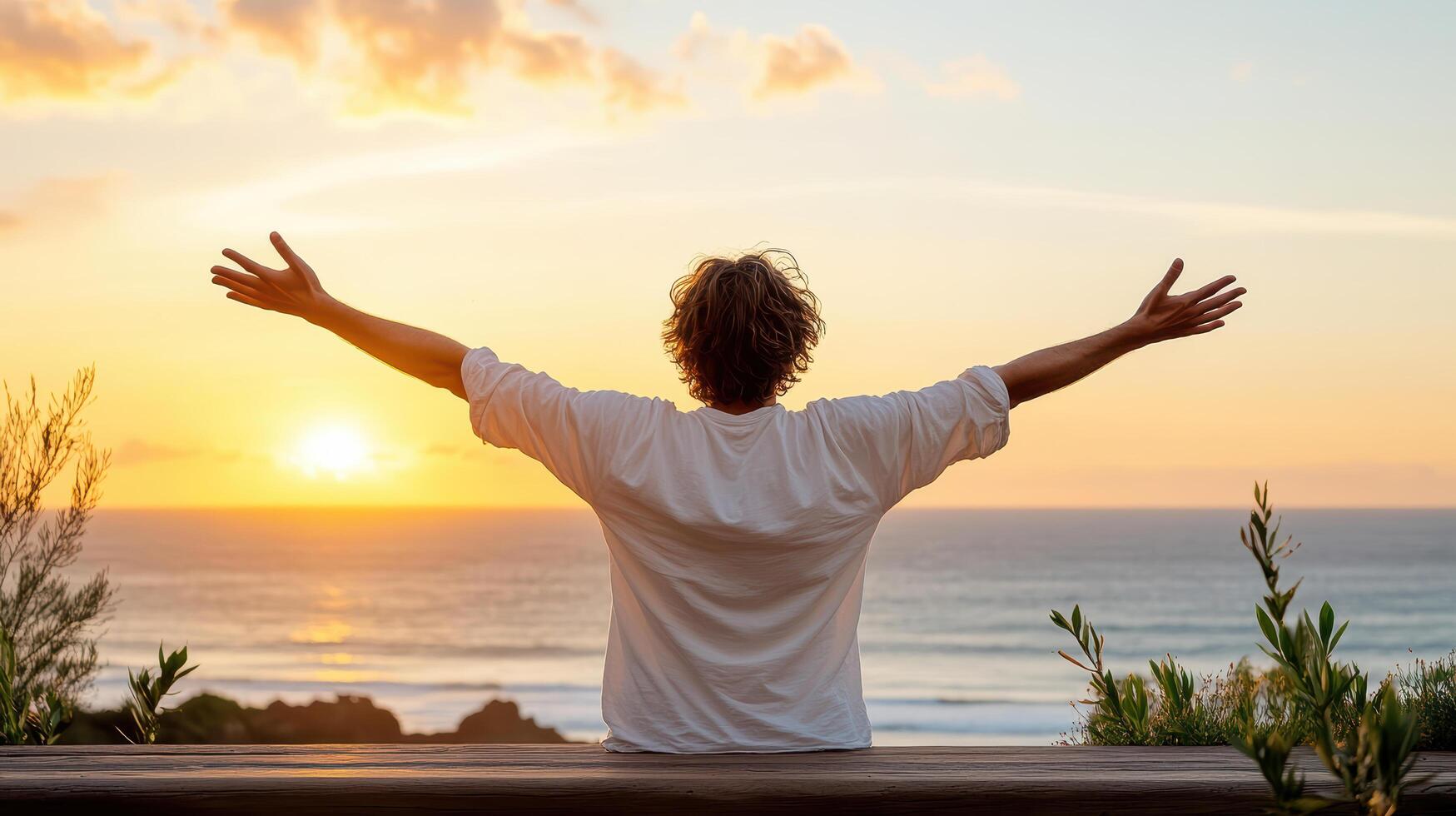 A man with his arms outstretched at sunset photo