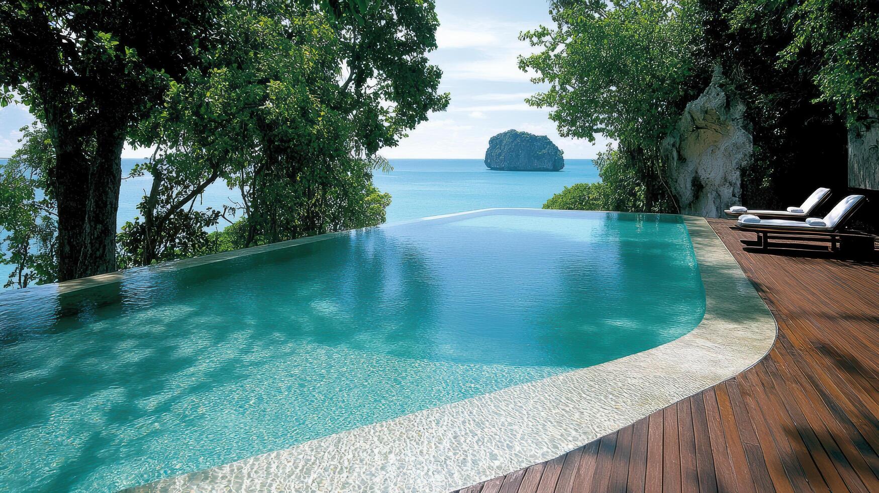 A pool overlooking the ocean and trees photo