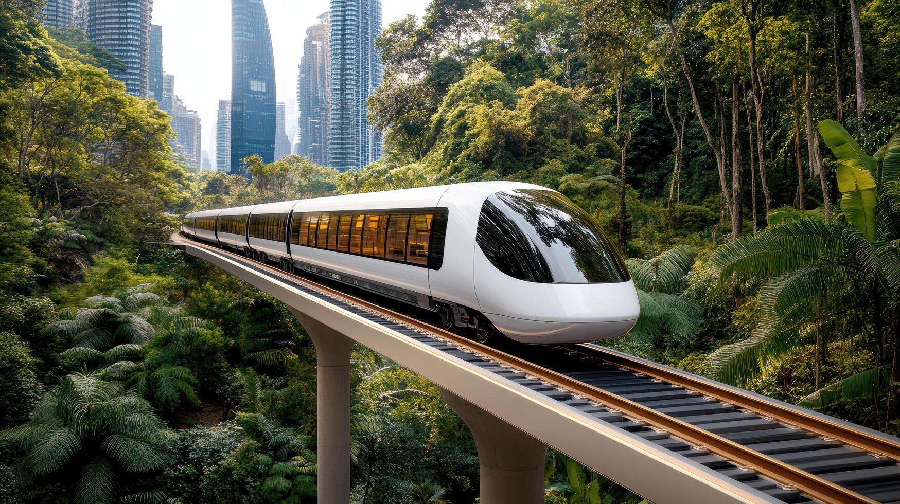 A modern train traveling through a lush green forest photo
