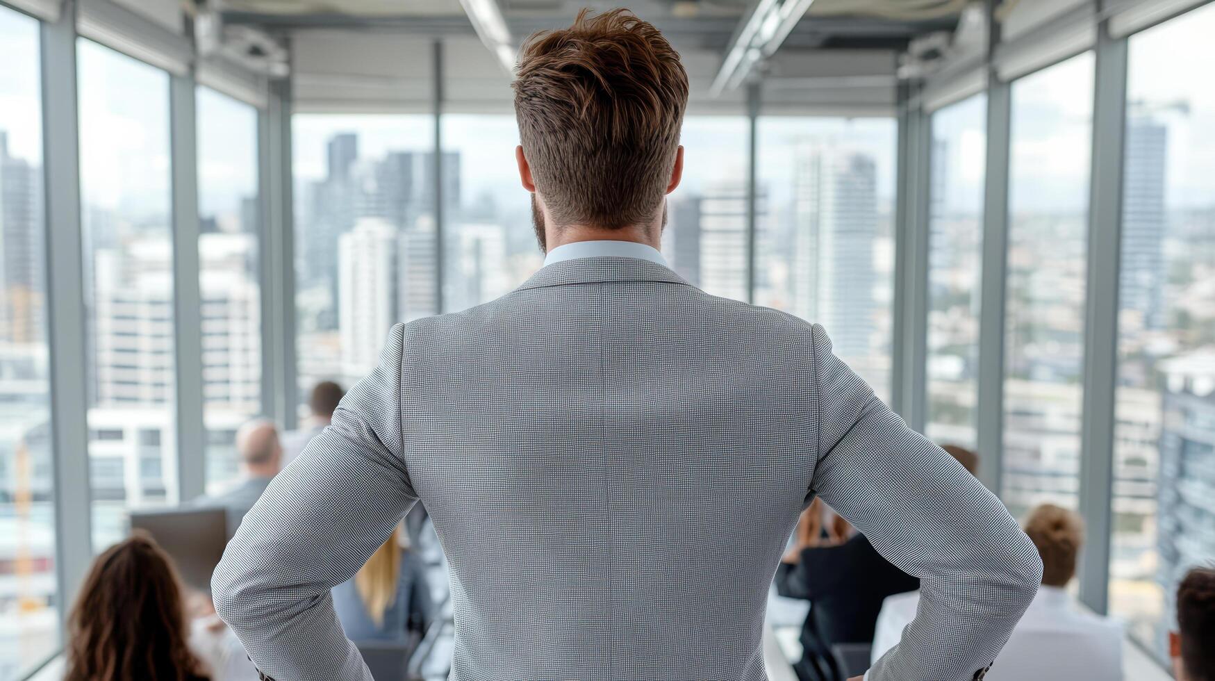 A man in a suit standing in front of a large window photo