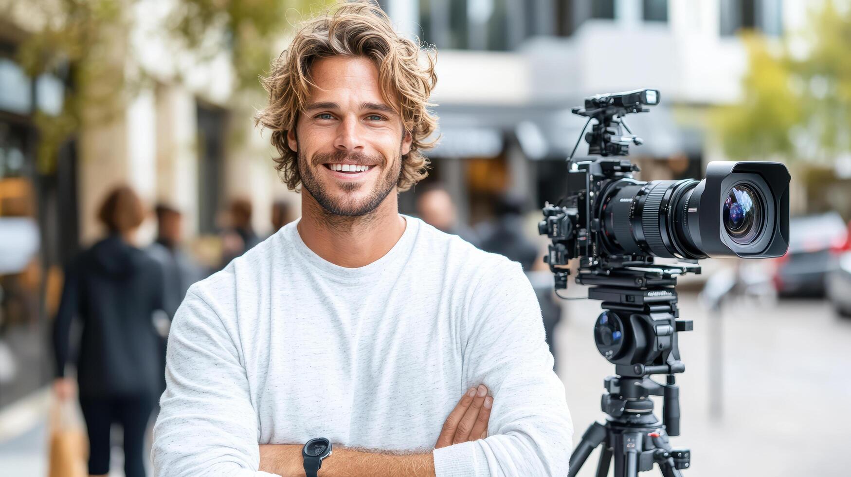 A man with a camera and tripod standing in front of a building photo