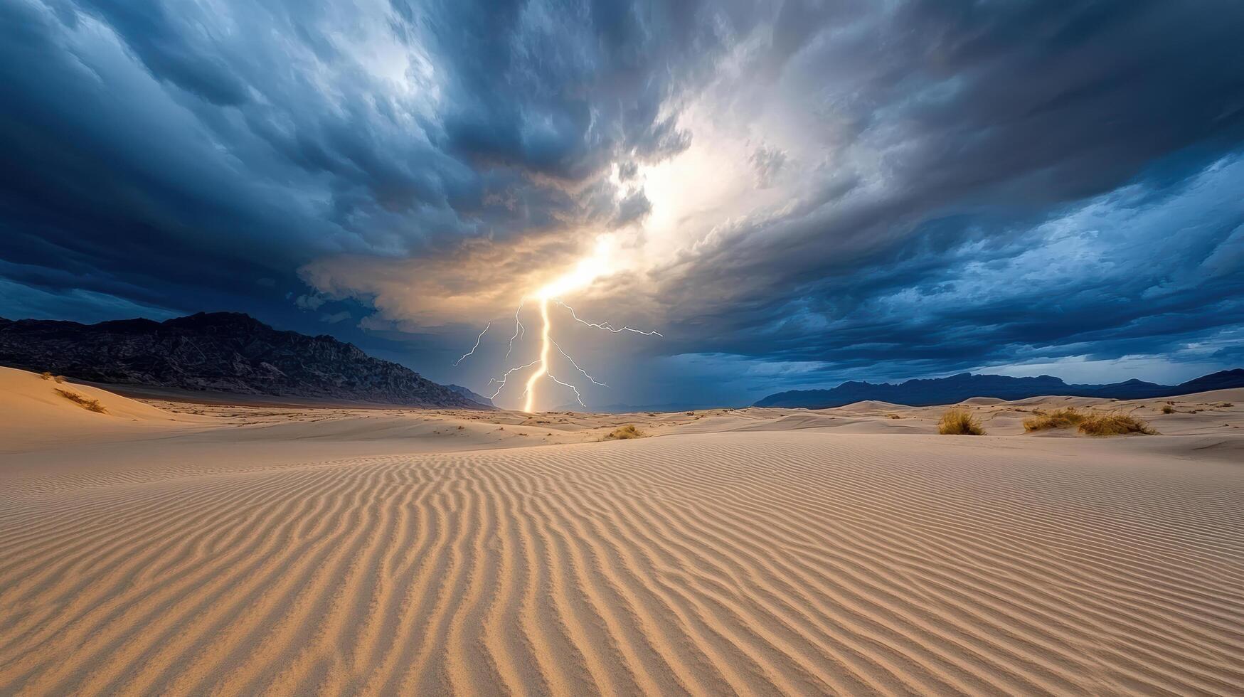 Lightning strikes through the sky over a desert photo
