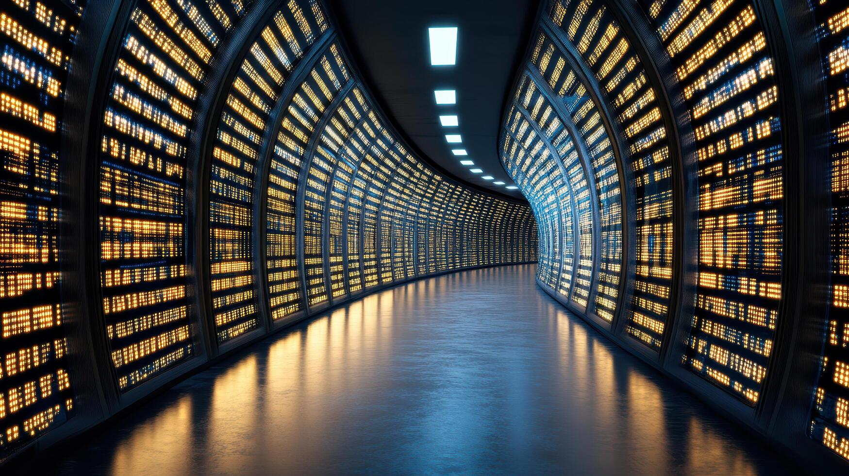 A long tunnel with many lights and many rows of data photo