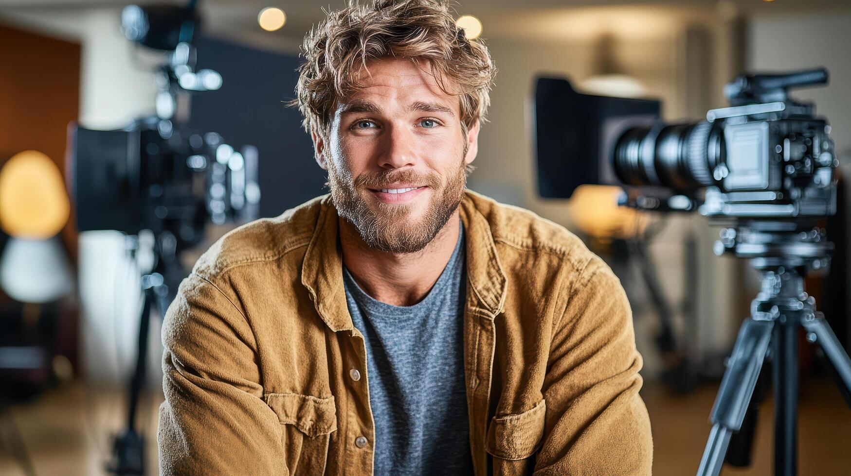 A man with a beard and camera in front of a camera photo