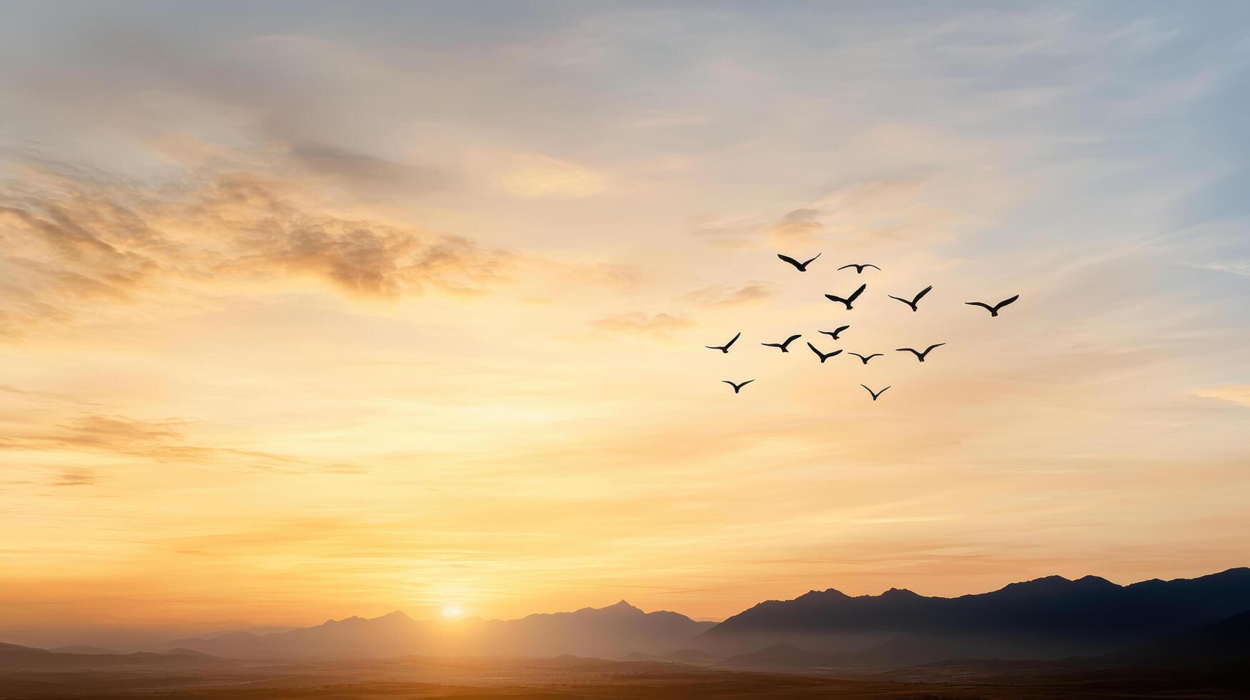 A flock of birds flying over a mountain range at sunset photo
