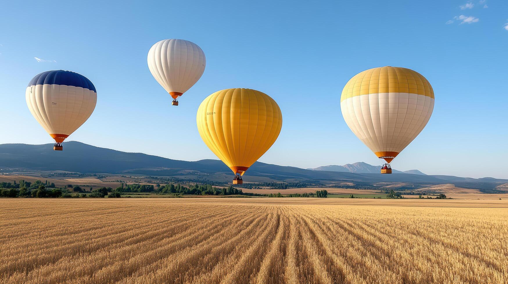 Four hot air balloons flying over a field photo