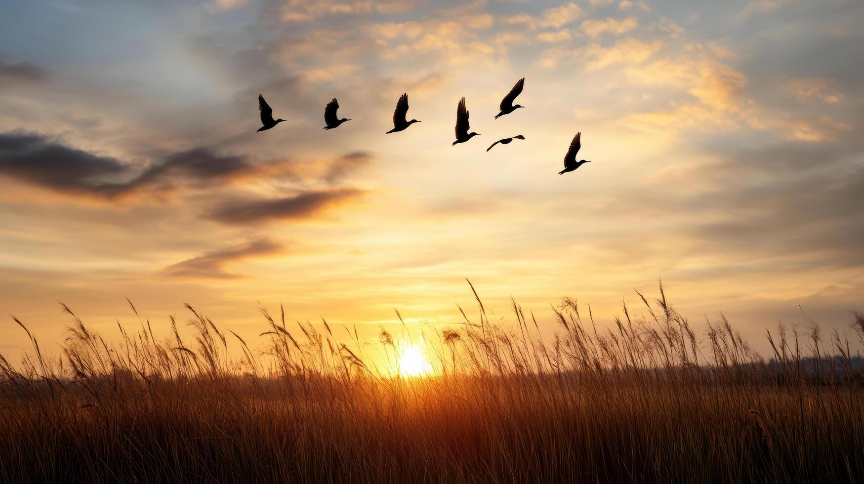 Birds flying over a field with tall grass photo