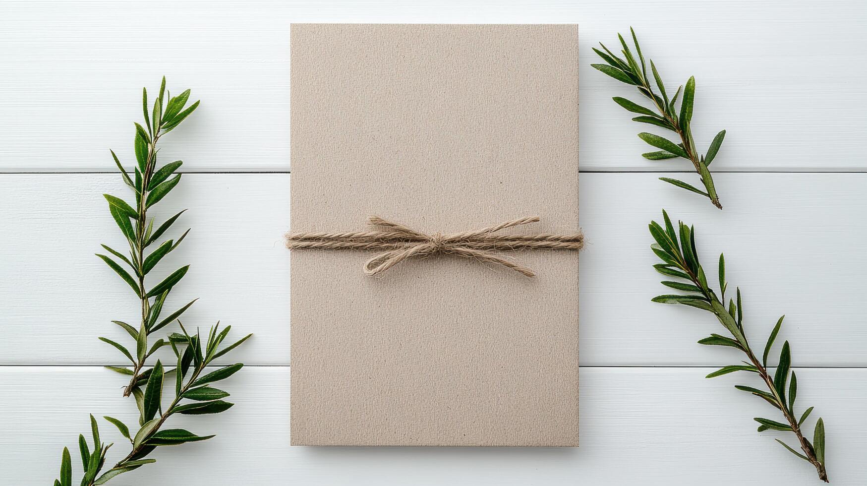 A blank card with twine and green spruce branches on a white wooden background photo
