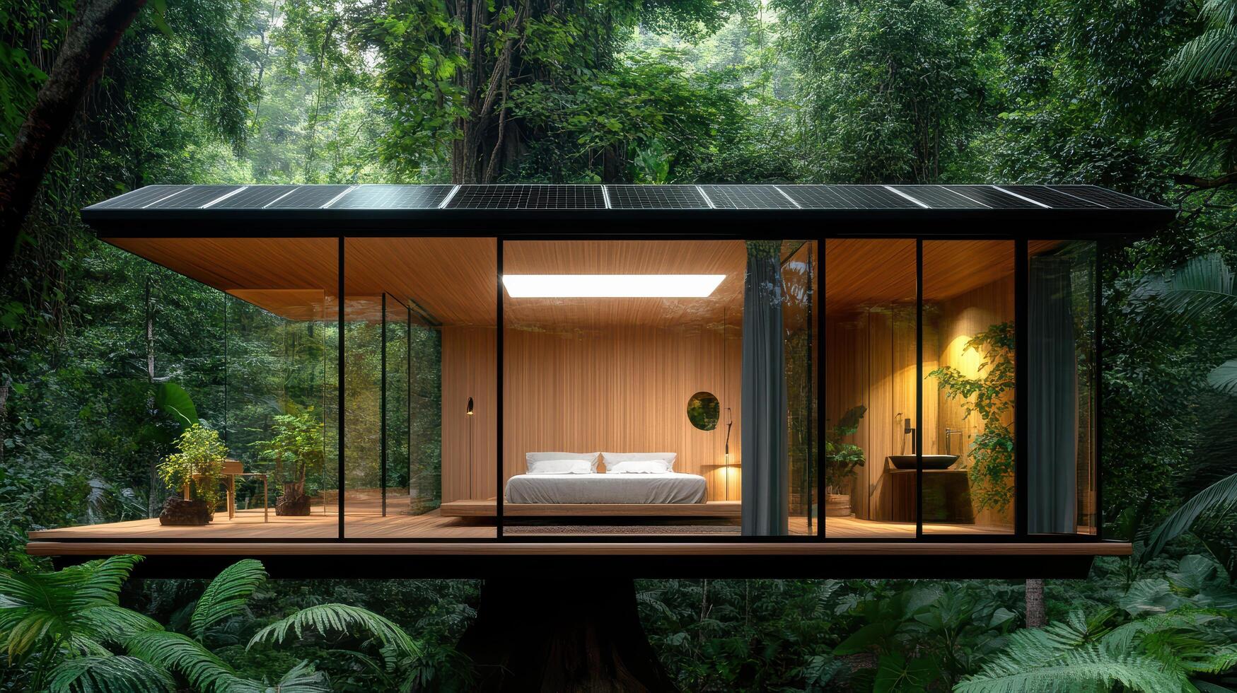 A tree house in the jungle with a bed photo